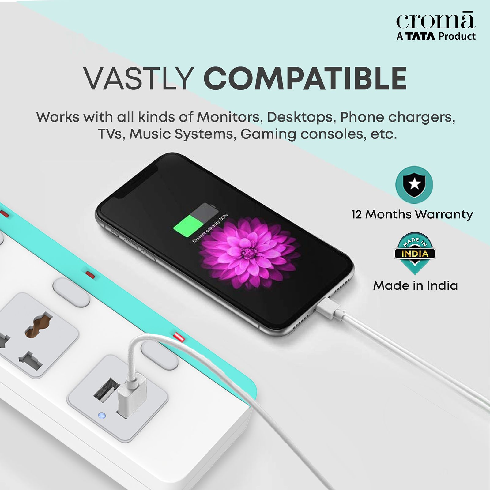 Croma 6 Amps 3 Sockets Surge Protector with Individual Switch (2 Meters, Child Safety Shutters, CRCP1000, White) Croma 6 Amps 3 Sockets Surge Protector with Individual Switch (2 Meters, Child Safety Shutters, CRCP1000, White)_3