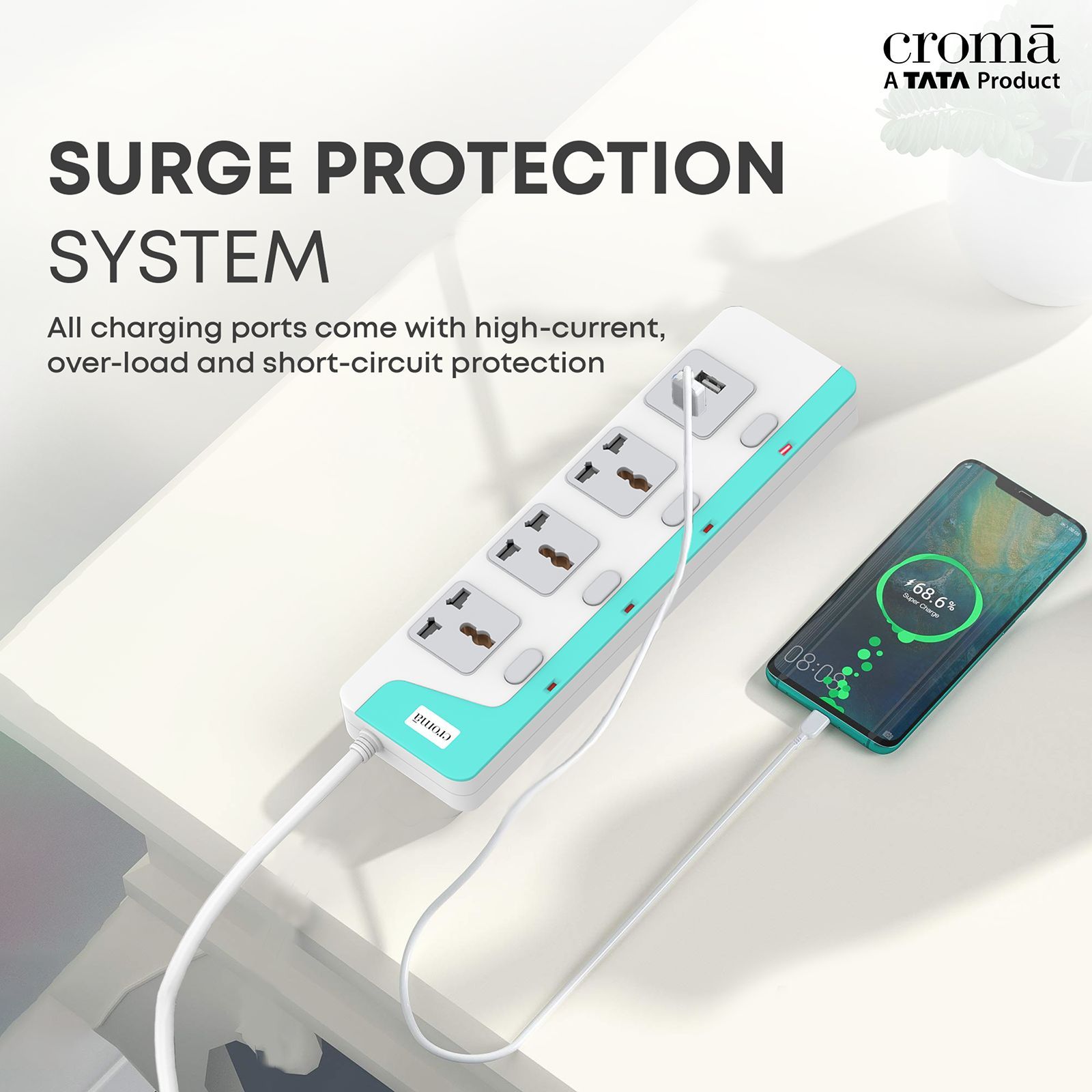 Croma 6 Amps 3 Sockets Surge Protector with Individual Switch (2 Meters, Child Safety Shutters, CRCP1000, White) Croma 6 Amps 3 Sockets Surge Protector with Individual Switch (2 Meters, Child Safety Shutters, CRCP1000, White)_5