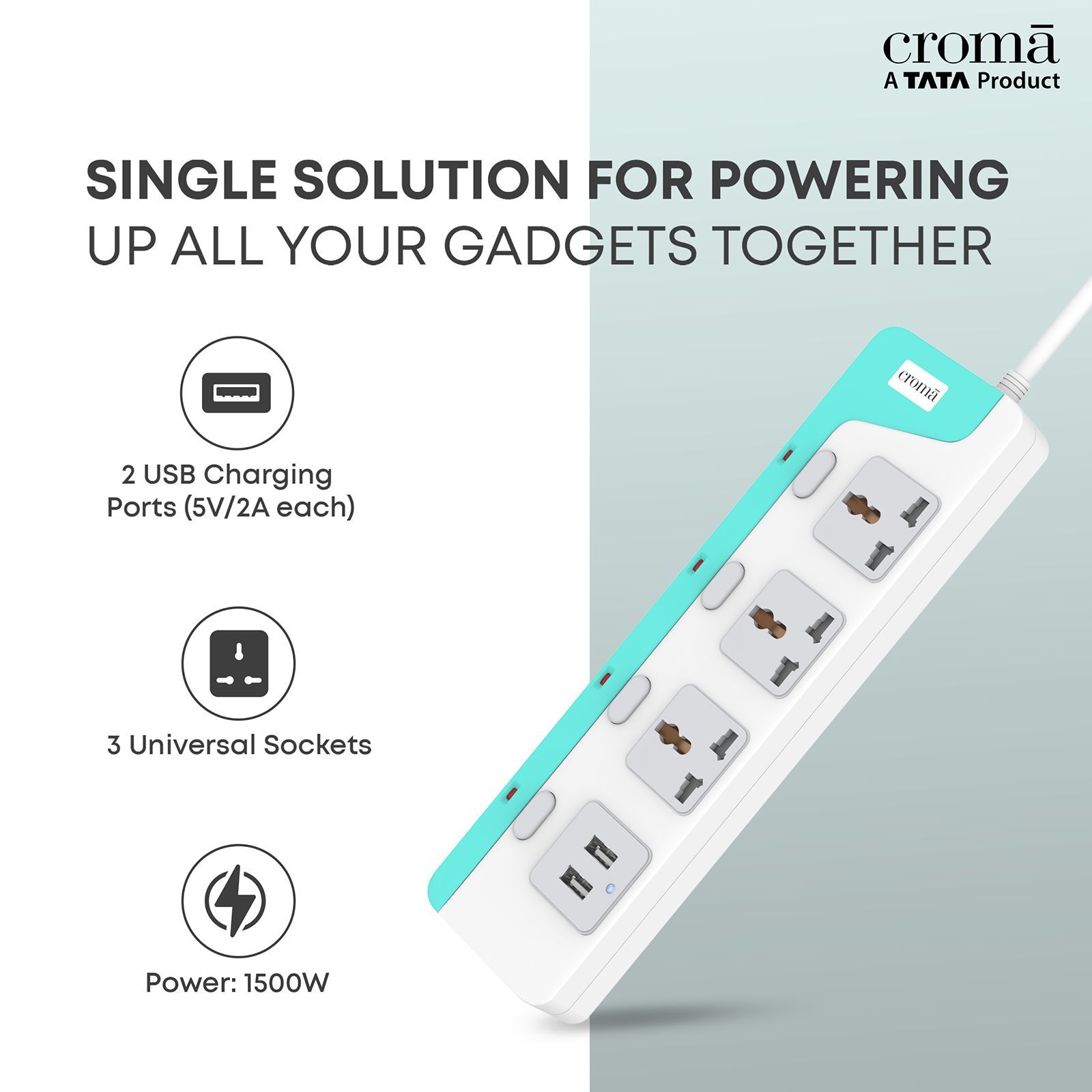 Croma 6 Amps 3 Sockets Surge Protector with Individual Switch (2 Meters, Child Safety Shutters, CRCP1000, White) Croma 6 Amps 3 Sockets Surge Protector with Individual Switch (2 Meters, Child Safety Shutters, CRCP1000, White)_2