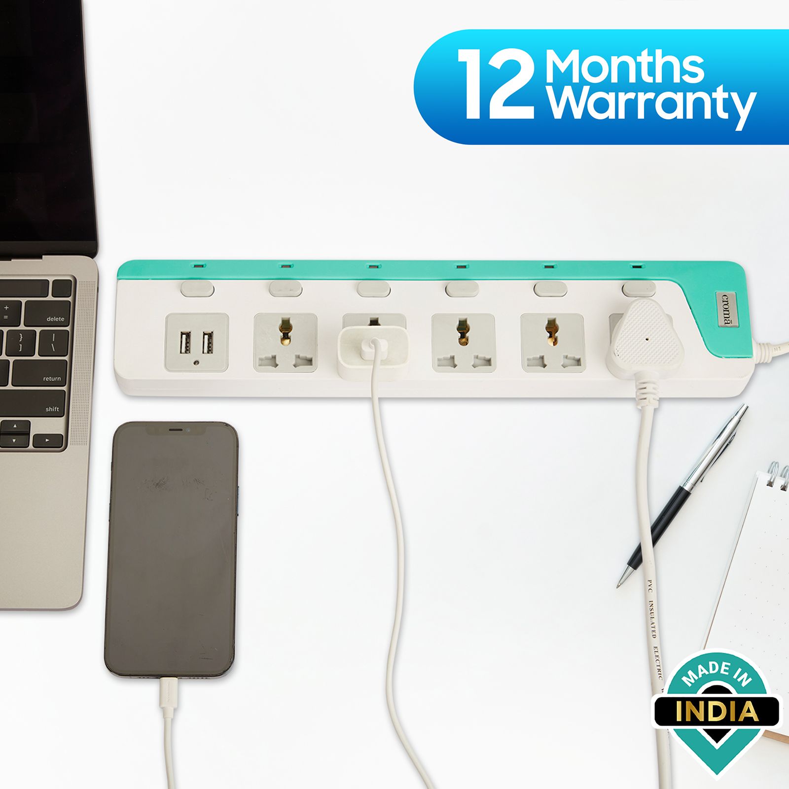 Croma 6 Amps 5 Sockets Surge Protector with Individual Switch (2 Meters, 2 USB Ports, CRCP1002, Blue) Croma 6 Amps 5 Sockets Surge Protector with Individual Switch (2 Meters, 2 USB Ports, CRCP1002, Blue)_3