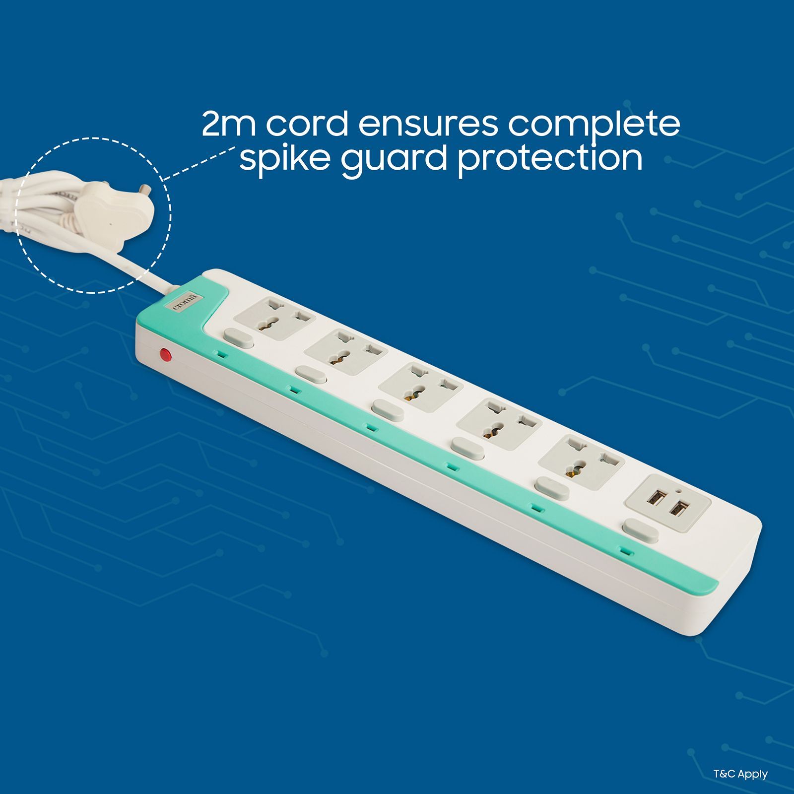 Croma 6 Amps 5 Sockets Surge Protector with Individual Switch (2 Meters, 2 USB Ports, CRCP1002, Blue) Croma 6 Amps 5 Sockets Surge Protector with Individual Switch (2 Meters, 2 USB Ports, CRCP1002, Blue)_4