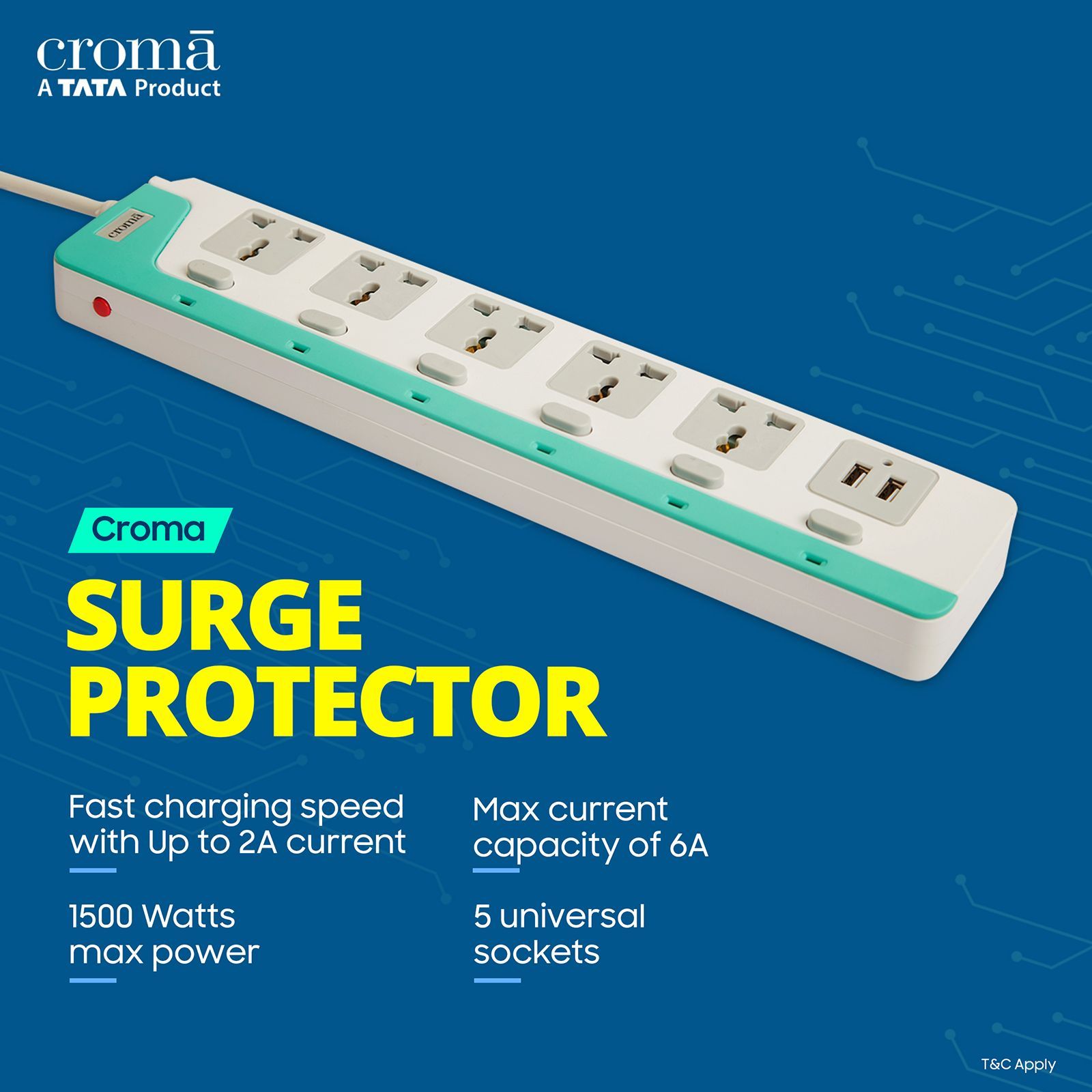 Croma 6 Amps 5 Sockets Surge Protector with Individual Switch (2 Meters, 2 USB Ports, CRCP1002, Blue) Croma 6 Amps 5 Sockets Surge Protector with Individual Switch (2 Meters, 2 USB Ports, CRCP1002, Blue)_2