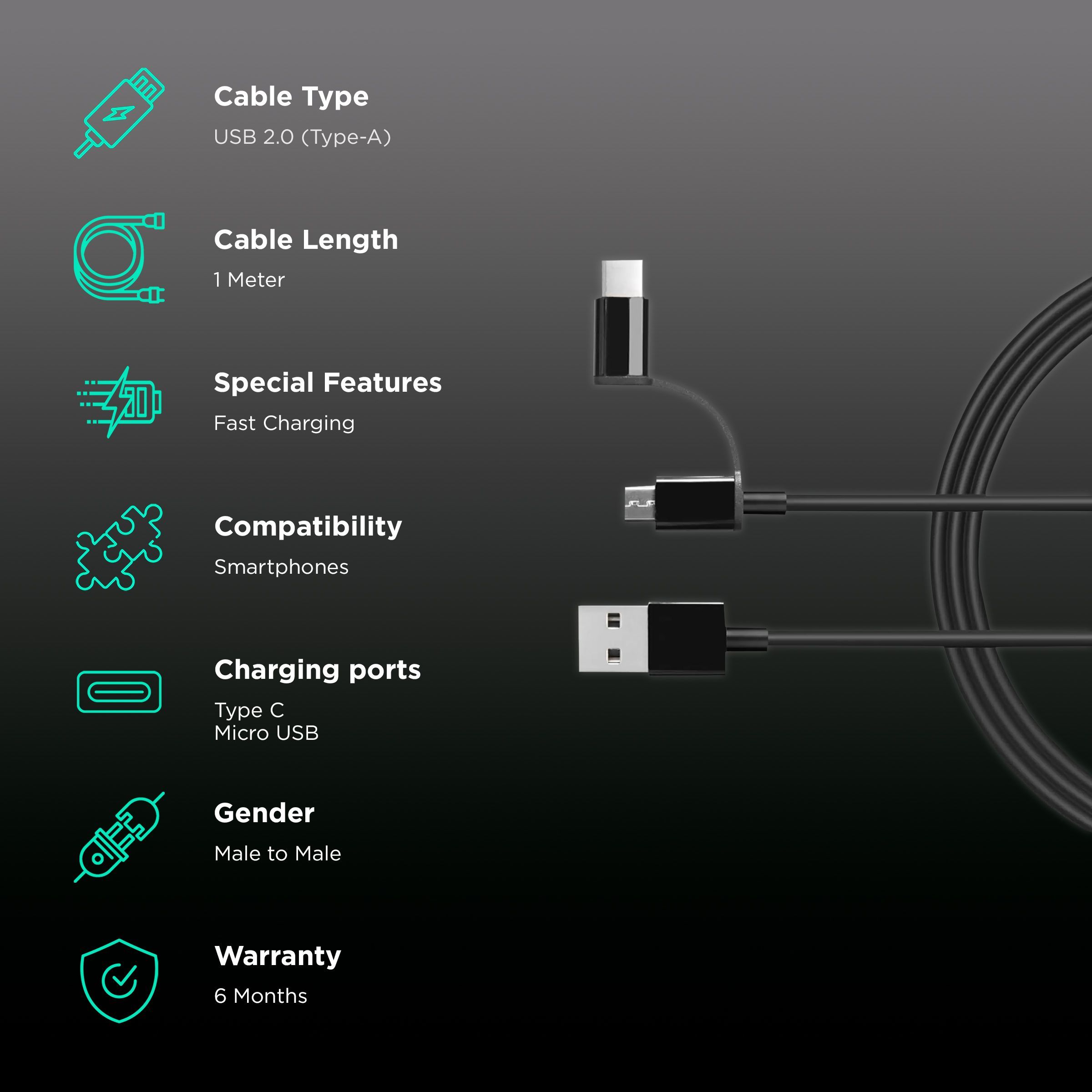 Mi Type A to Type C, Micro USB 3.3 Feet (1M) 2-in-1 Cable (Reinforced Stress Relief Points, Black)_2