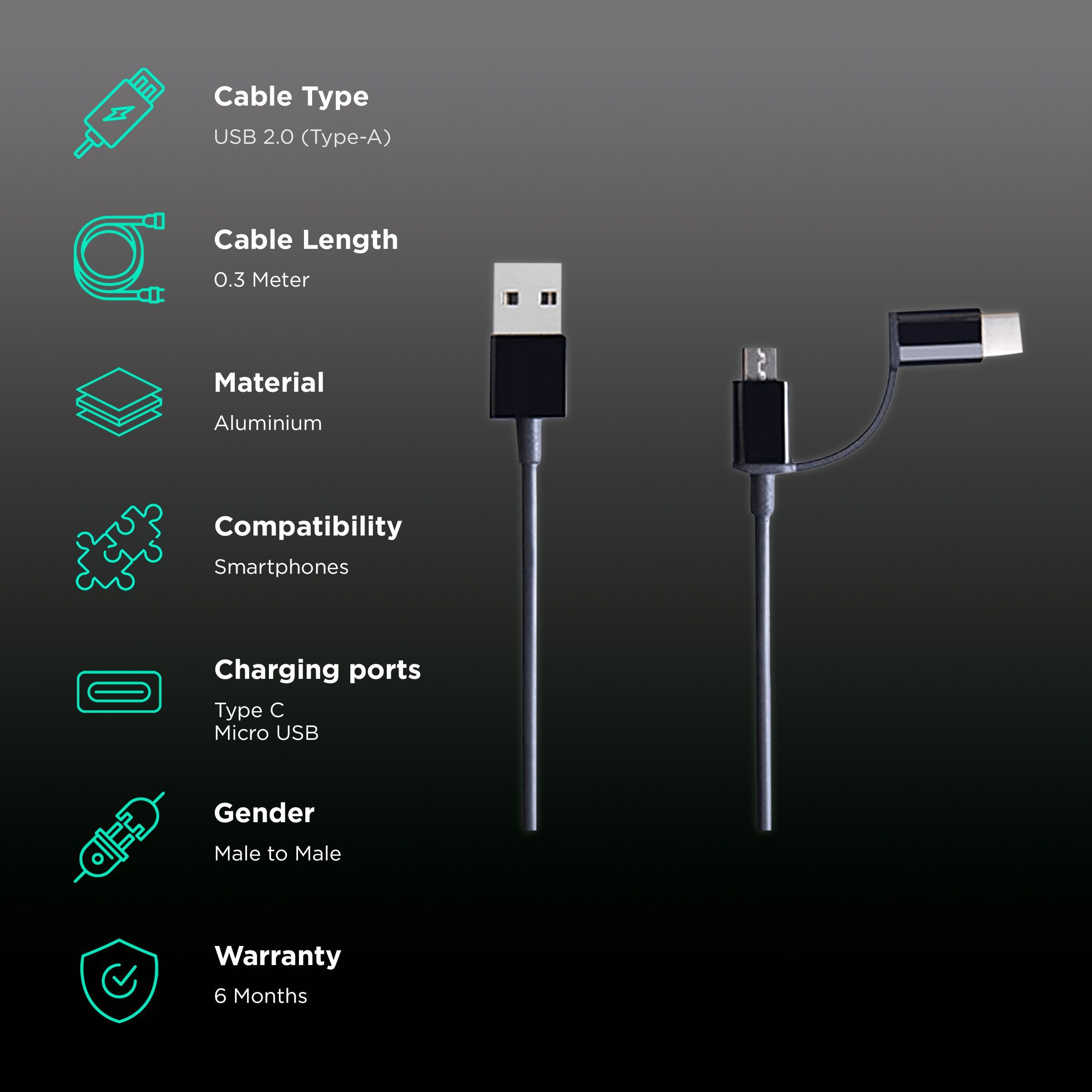 Mi Type A to Type C, Micro USB 1 Feet (0.3M) 2-in-1 Cable (16 Insulated Conductors, Black) Mi Type A to Type C, Micro USB 1 Feet (0.3M) 2-in-1 Cable (16 Insulated Conductors, Black)_2