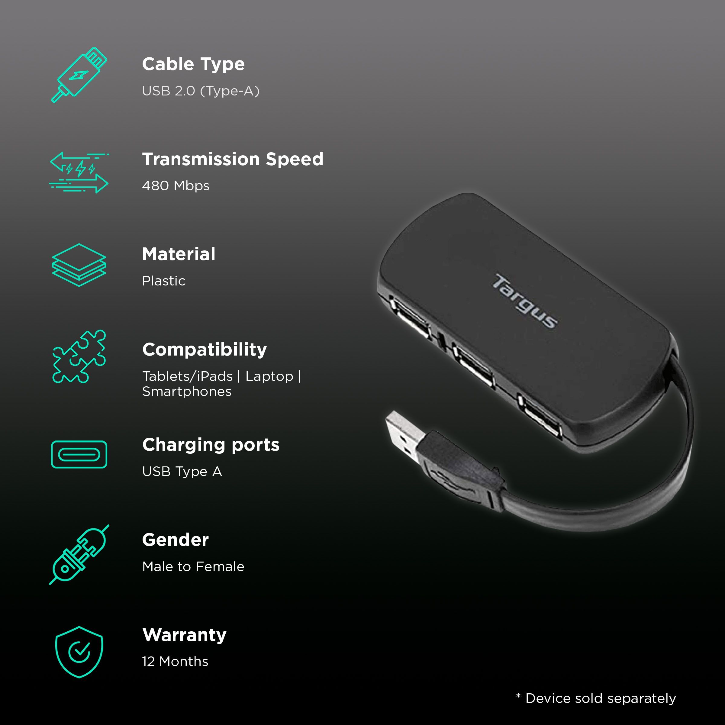 Targus USB 2.0 Type A to USB 2.0 Type A USB Hub (Overcurrent Protection, Black)_2