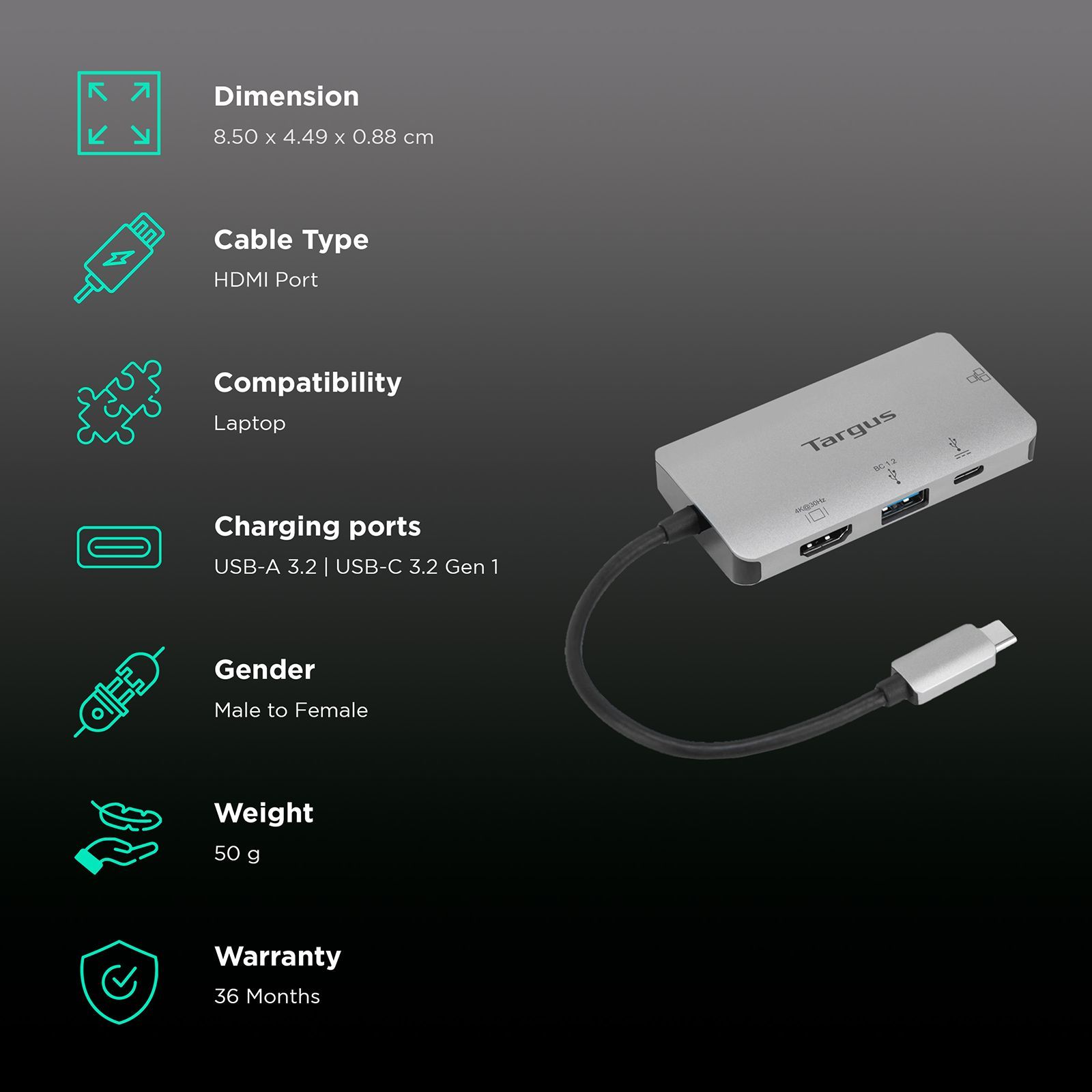 Targus USB 3.2 Type C to USB 3.2 Type A, HDMI, USB 3.2 Type C Docking Station (Sync & Charge, Grey)_2