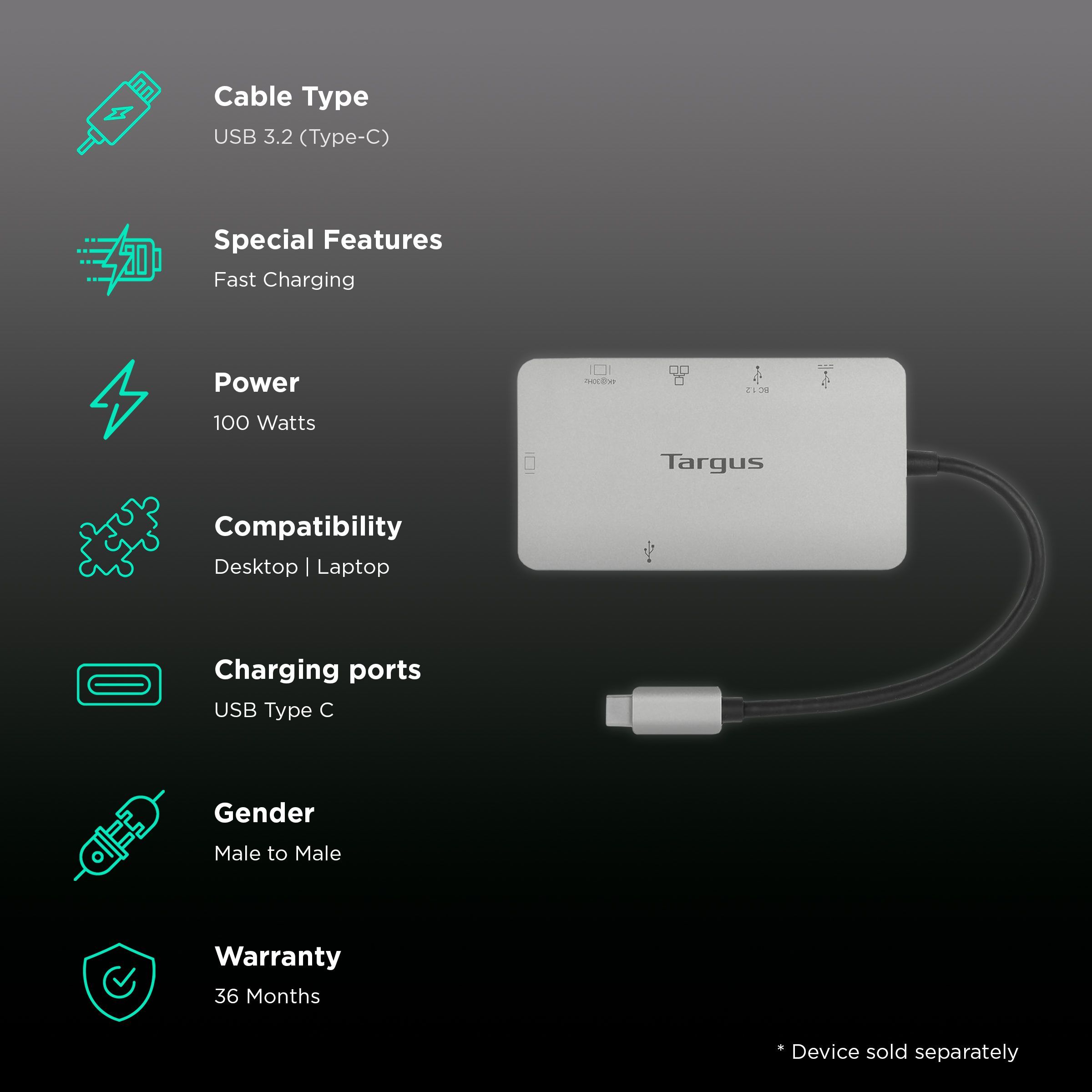 Targus USB 3.2 Type C to USB 3.2 Type C, USB 3.2 Type A, RJ45, HDMI Type A, VGA Port Docking Station (100 Watt Power Delivery, Grey)_2