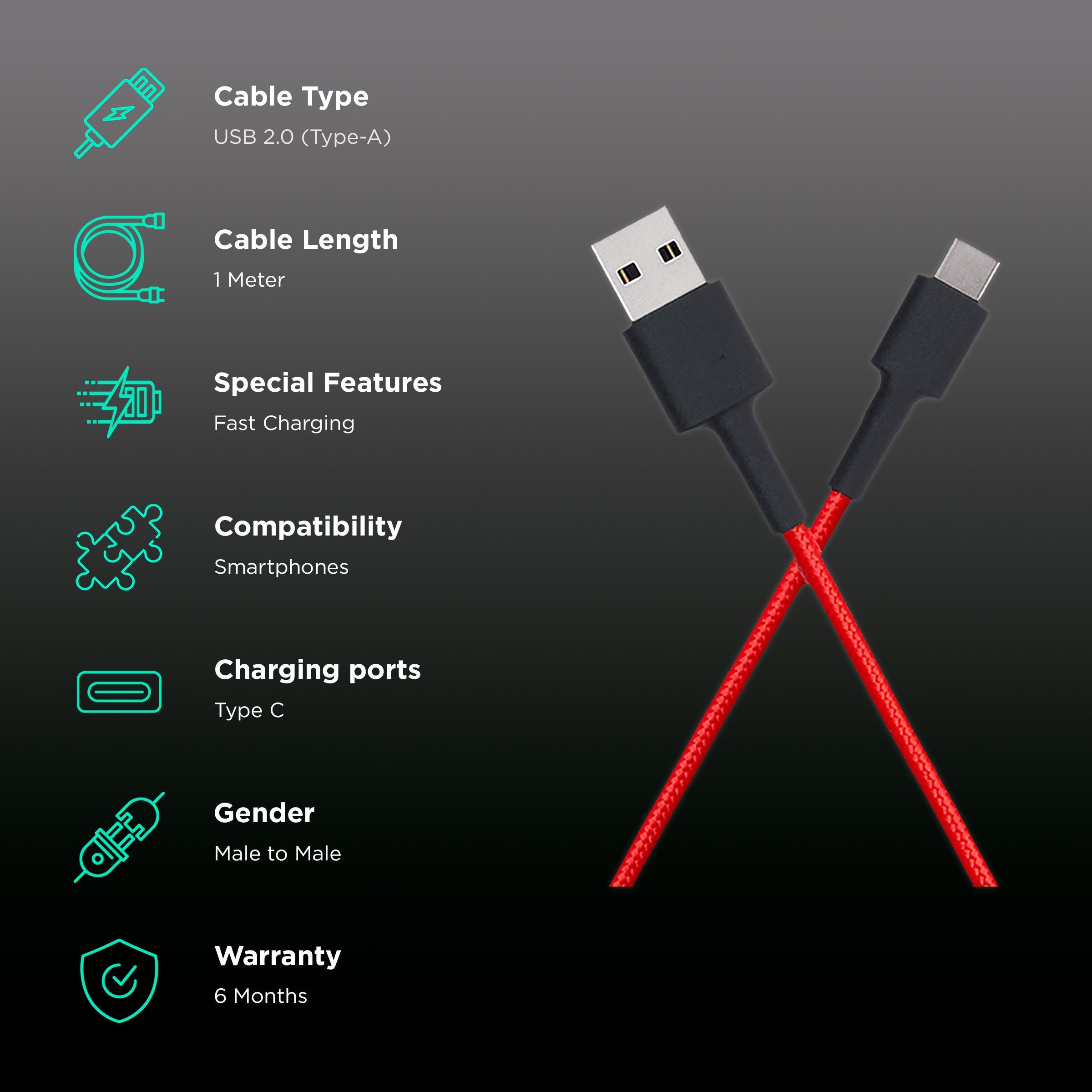 Mi Type A to Type C 3.3 Feet (1M) Cable (Tangle Free Design, Red) Mi Type A to Type C 3.3 Feet (1M) Cable (Tangle Free Design, Red)_2