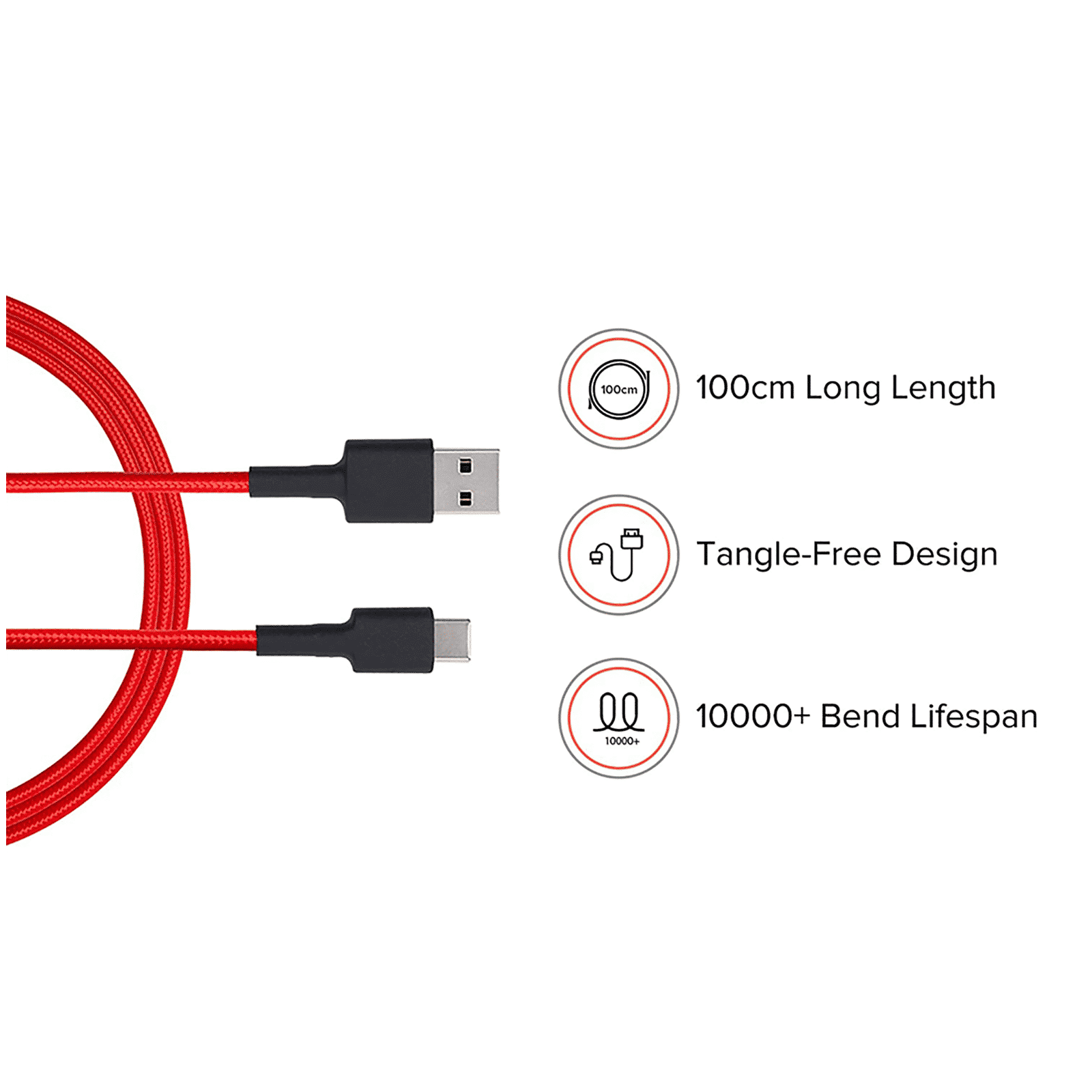 Mi Type A to Type C 3.3 Feet (1M) Cable (Tangle Free Design, Red) Mi Type A to Type C 3.3 Feet (1M) Cable (Tangle Free Design, Red)_4