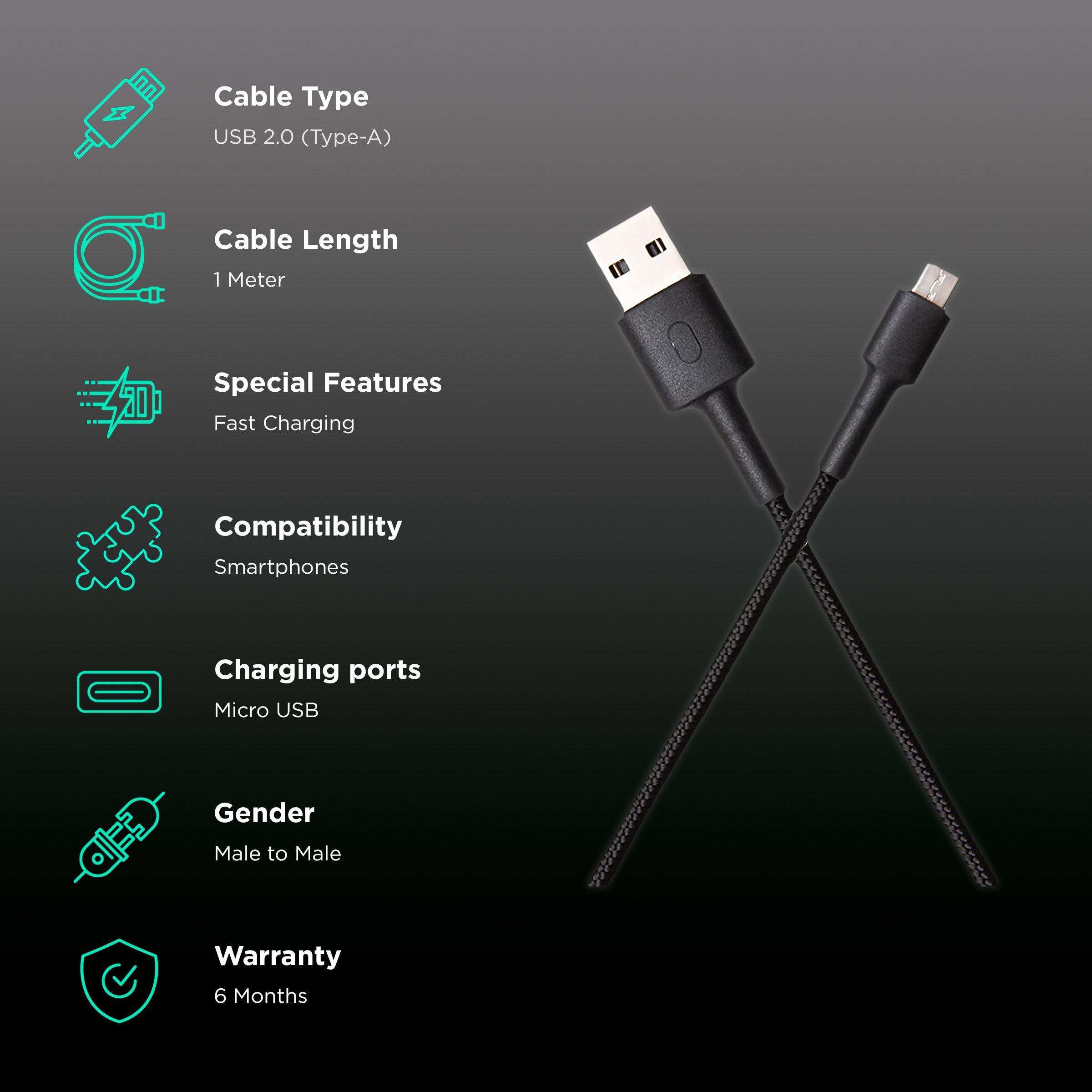 Mi Type A to Micro USB 3.3 Feet (1M) Cable (Tangle Free Design, Black)_2