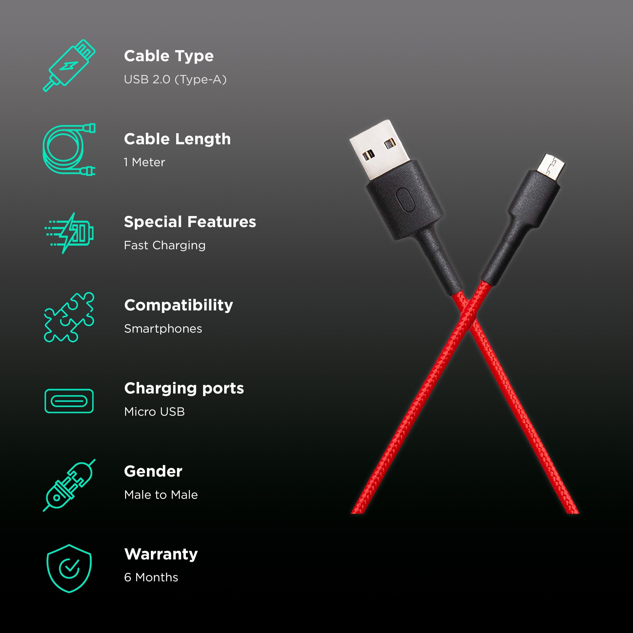 Mi Type A to Micro USB 3.3 Feet (1M) Cable (Tangle Free Design, Red)_2