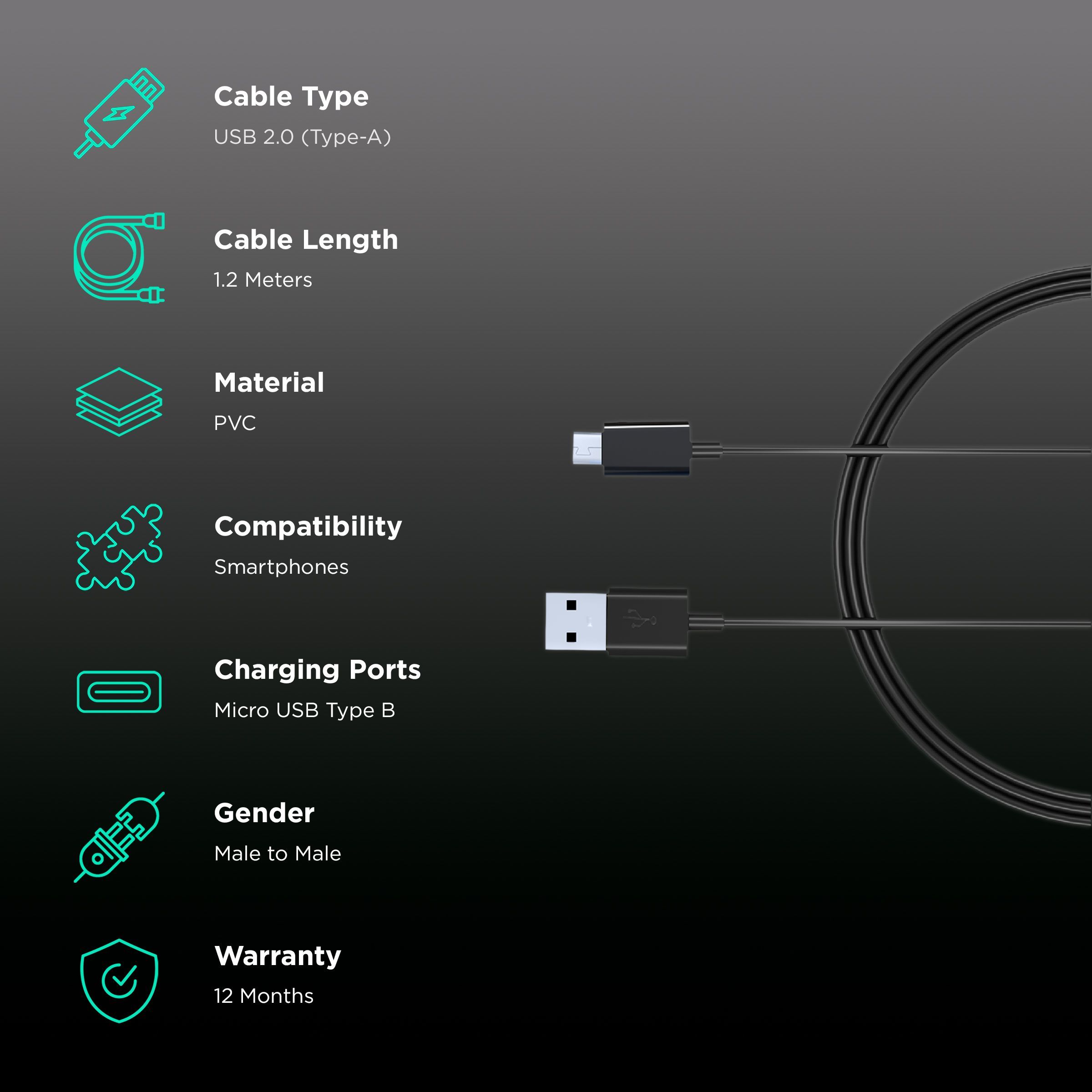 Croma Type A to Micro USB 3.9 Feet (1.2M) Cable (Sync and Charge, Black)_2