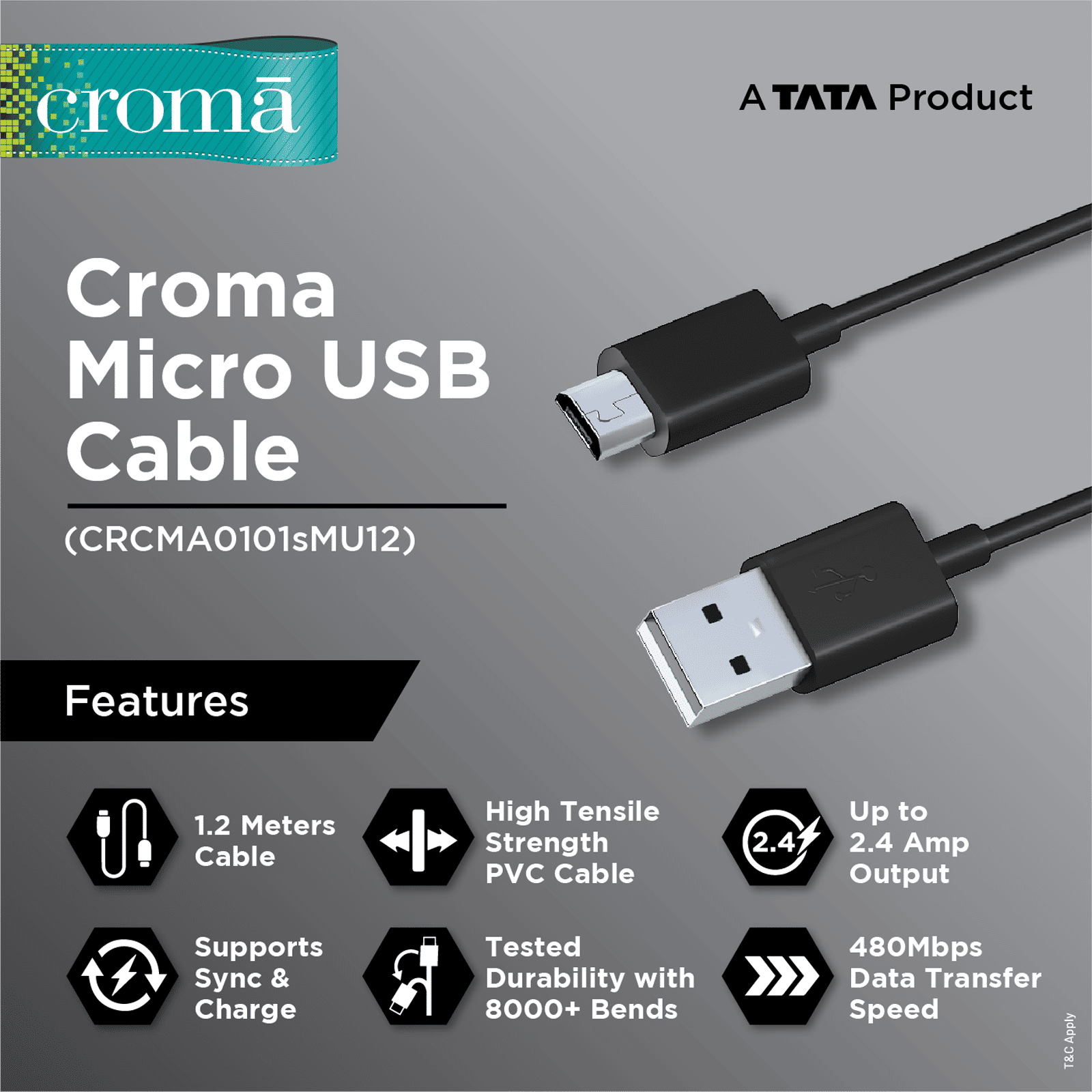 Croma Type A to Micro USB 3.9 Feet (1.2M) Cable (Sync and Charge, Black)_3