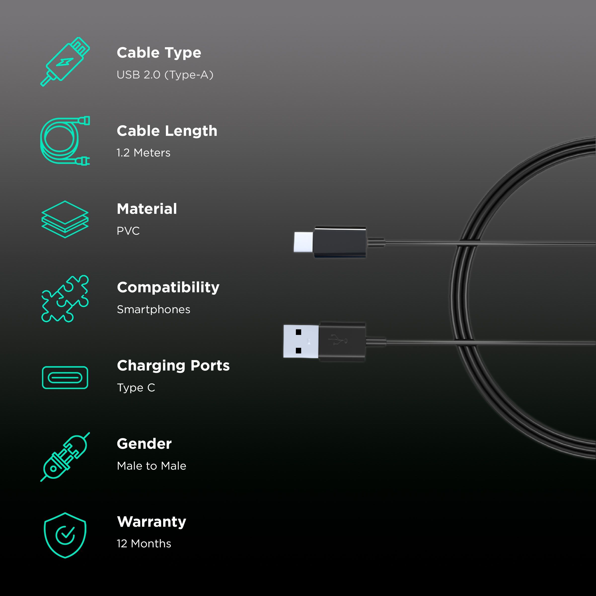 Croma Type A to Type C 3.9 Feet (1.2M) Cable (Sync and Charge, Black)_2