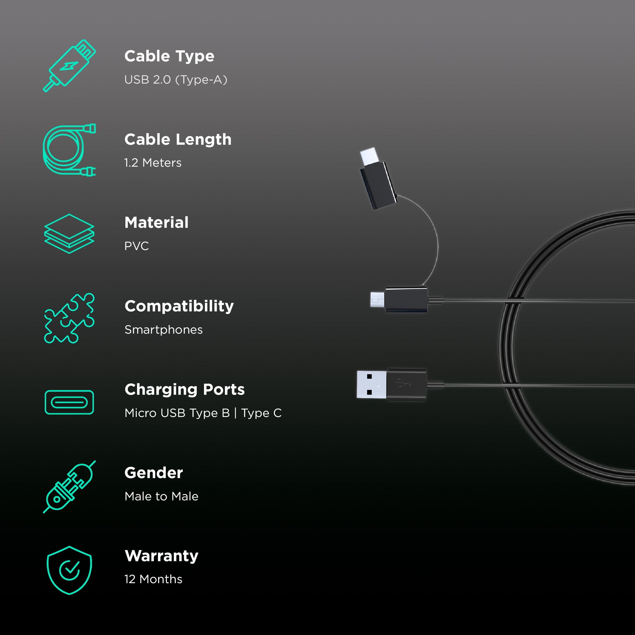 Croma Type A to Type C, Micro USB 3.9 Feet (1.2M) 2-in-1 Cable (Sync and Charge, Black) Croma Type A to Type C, Micro USB 3.9 Feet (1.2M) 2-in-1 Cable (Sync and Charge, Black)_2
