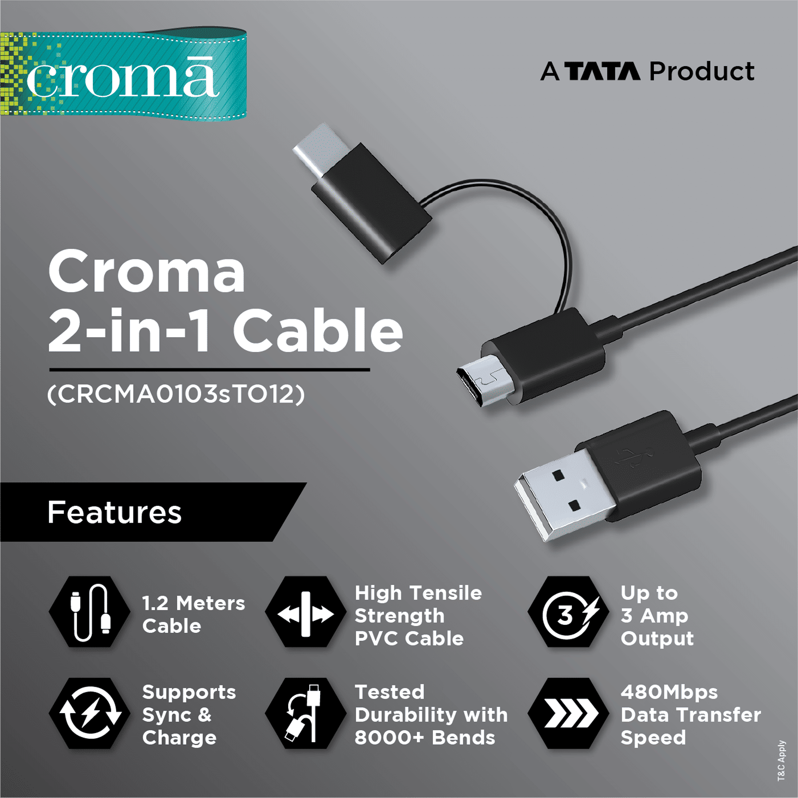Croma Type A to Type C, Micro USB 3.9 Feet (1.2M) 2-in-1 Cable (Sync and Charge, Black) Croma Type A to Type C, Micro USB 3.9 Feet (1.2M) 2-in-1 Cable (Sync and Charge, Black)_3
