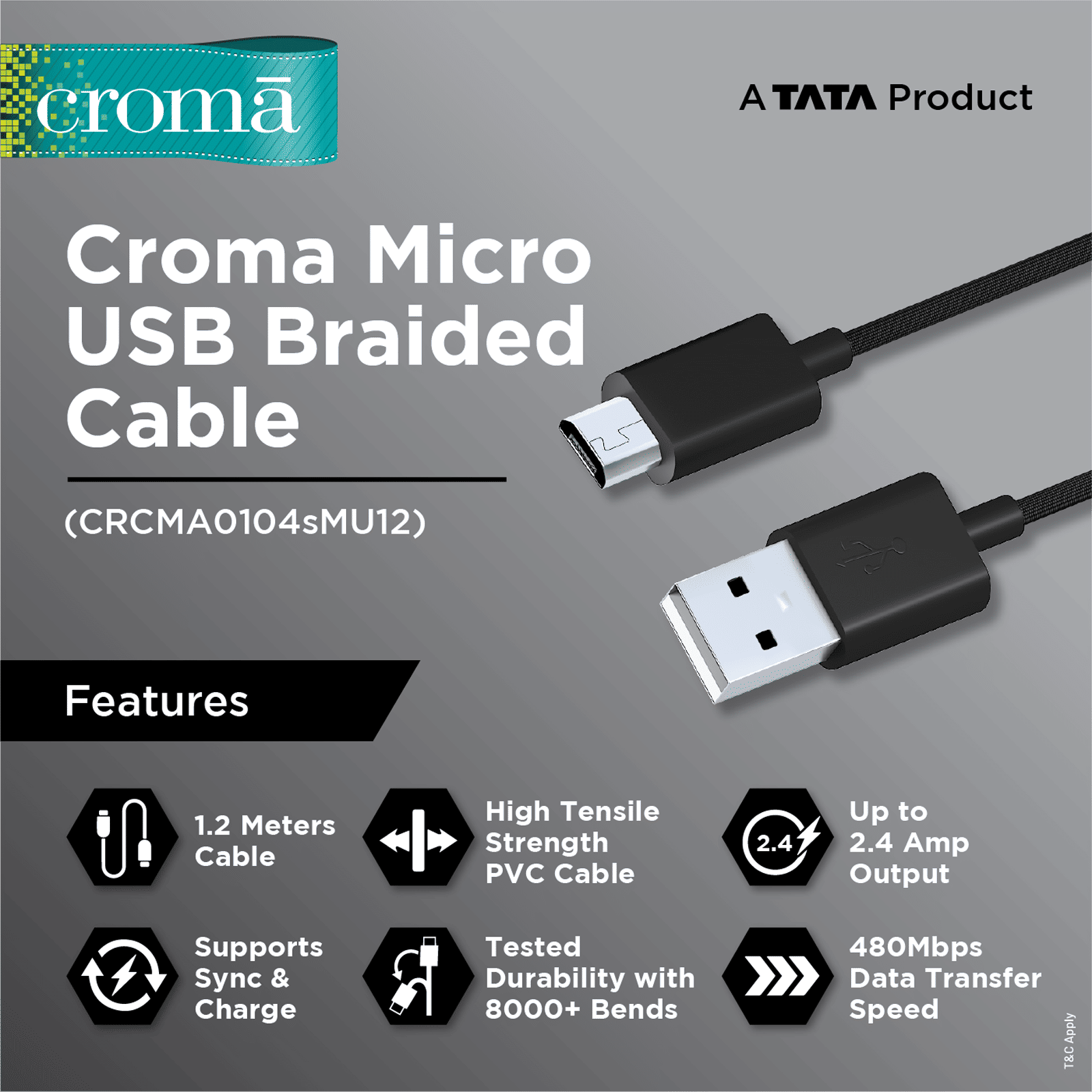 Croma Type A to Micro USB 3.9 Feet (1.2M) Cable (Sync and Charge, Black)_6