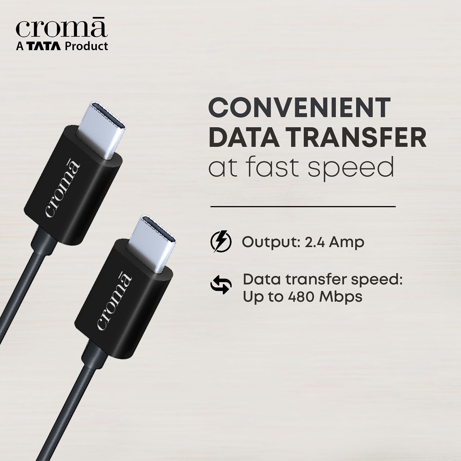 Croma Type C to Type C 3.3 Feet (1M) Cable (Apple Compatible, Black)_9
