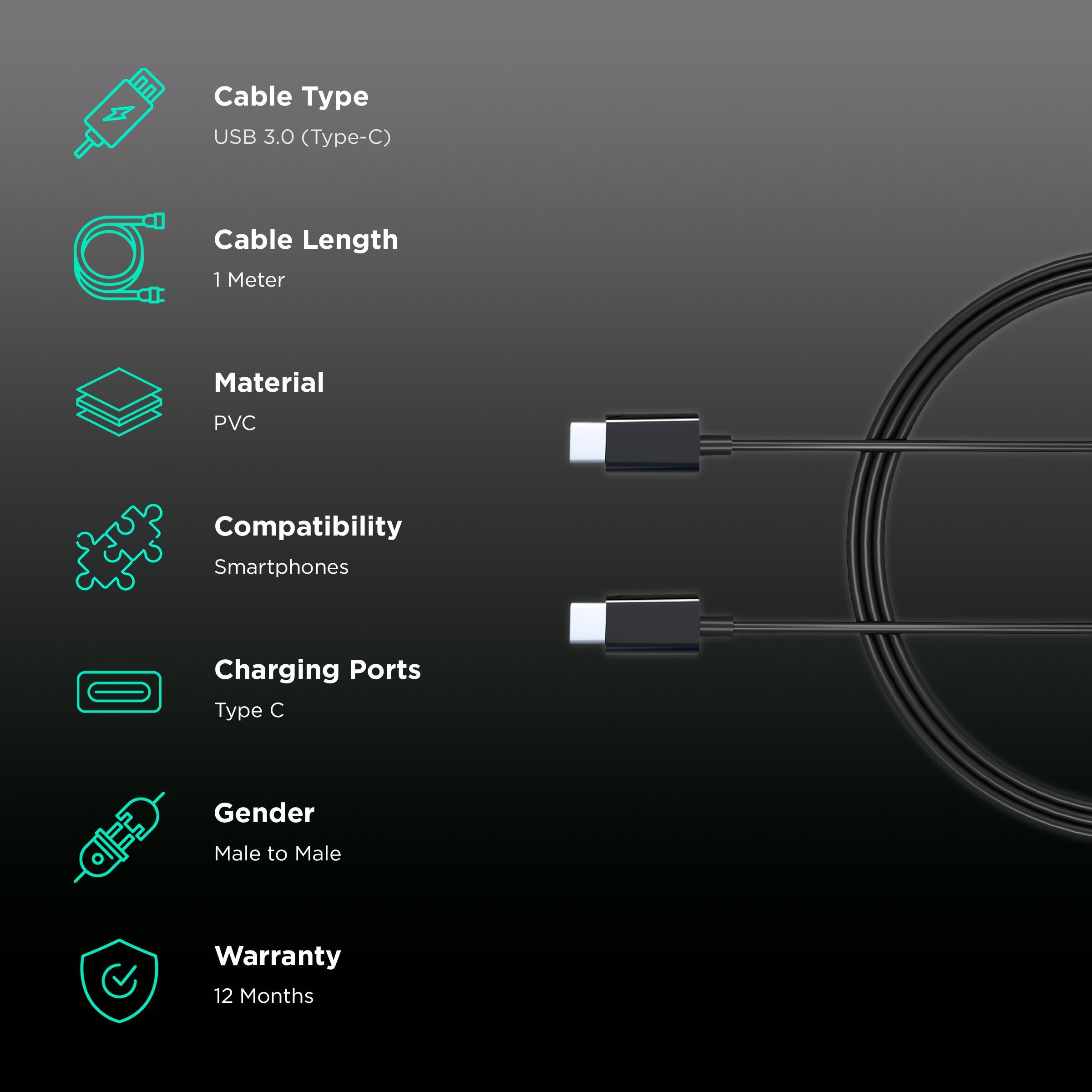 Croma Type C to Type C 3.3 Feet (1M) Cable (Apple Compatible, Black)_2