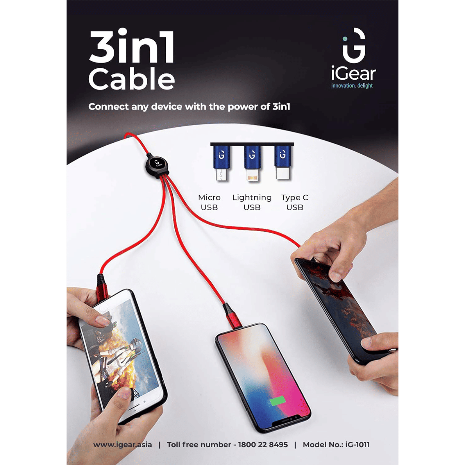 iGear Type A to Type C, Micro USB, Lightning 3.3 Feet (1M) 3-in-1 Cable (LED Indicator, Blue)_6