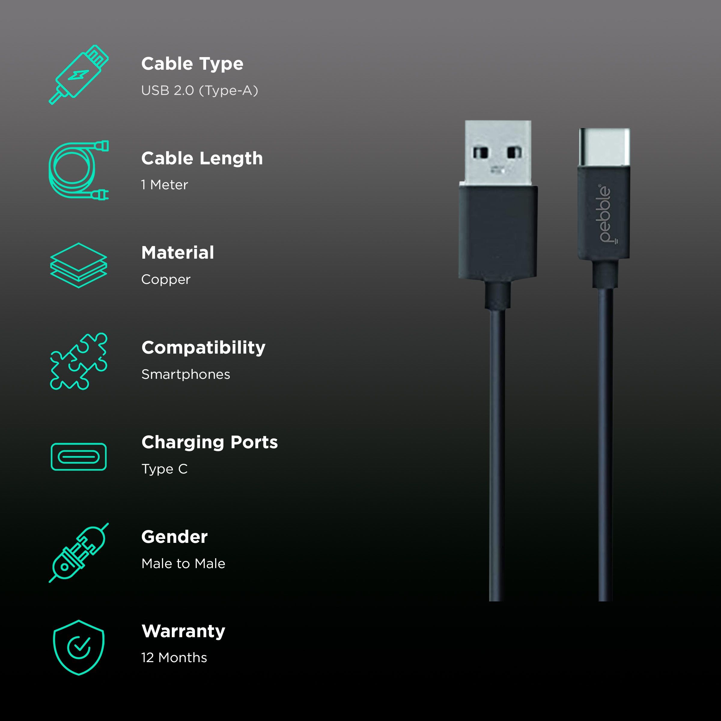 Pebble Type A to Type C 3.3 Feet (1M) Cable (Sync and Charge, Black)_2