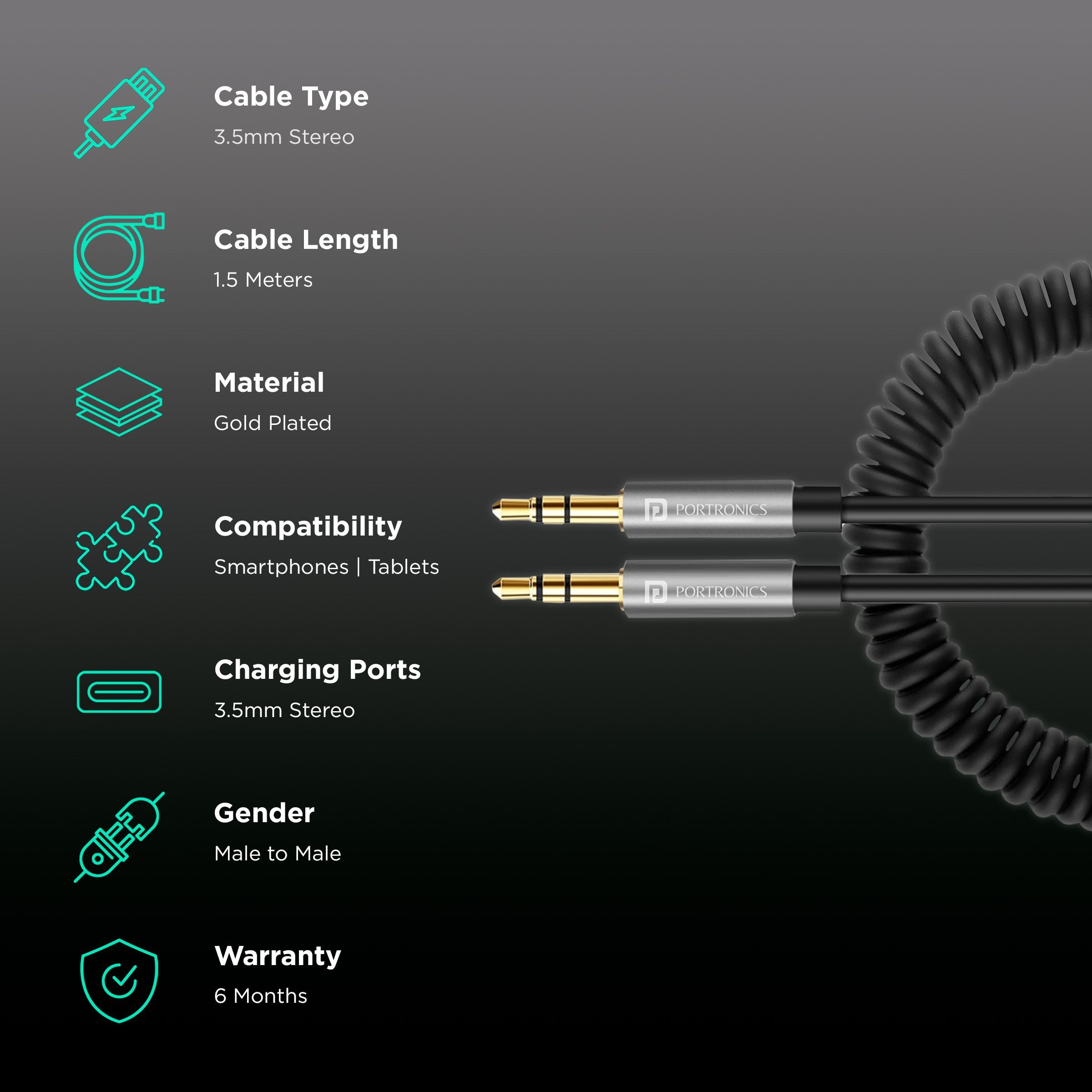 Portronics Konnect 6 3.5mm Aux to 3.5mm Aux 4.9 Feet (1.5M) Cable (Stretchable Spiral, Black)_2