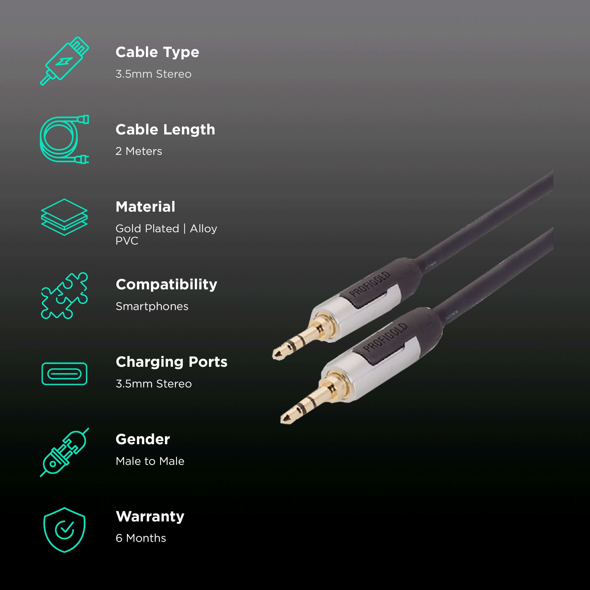 Profigold 3.5mm Aux to 3.5mm Aux 6.6 Feet (2M) Cable (IAT Technology, Black/Grey)_2