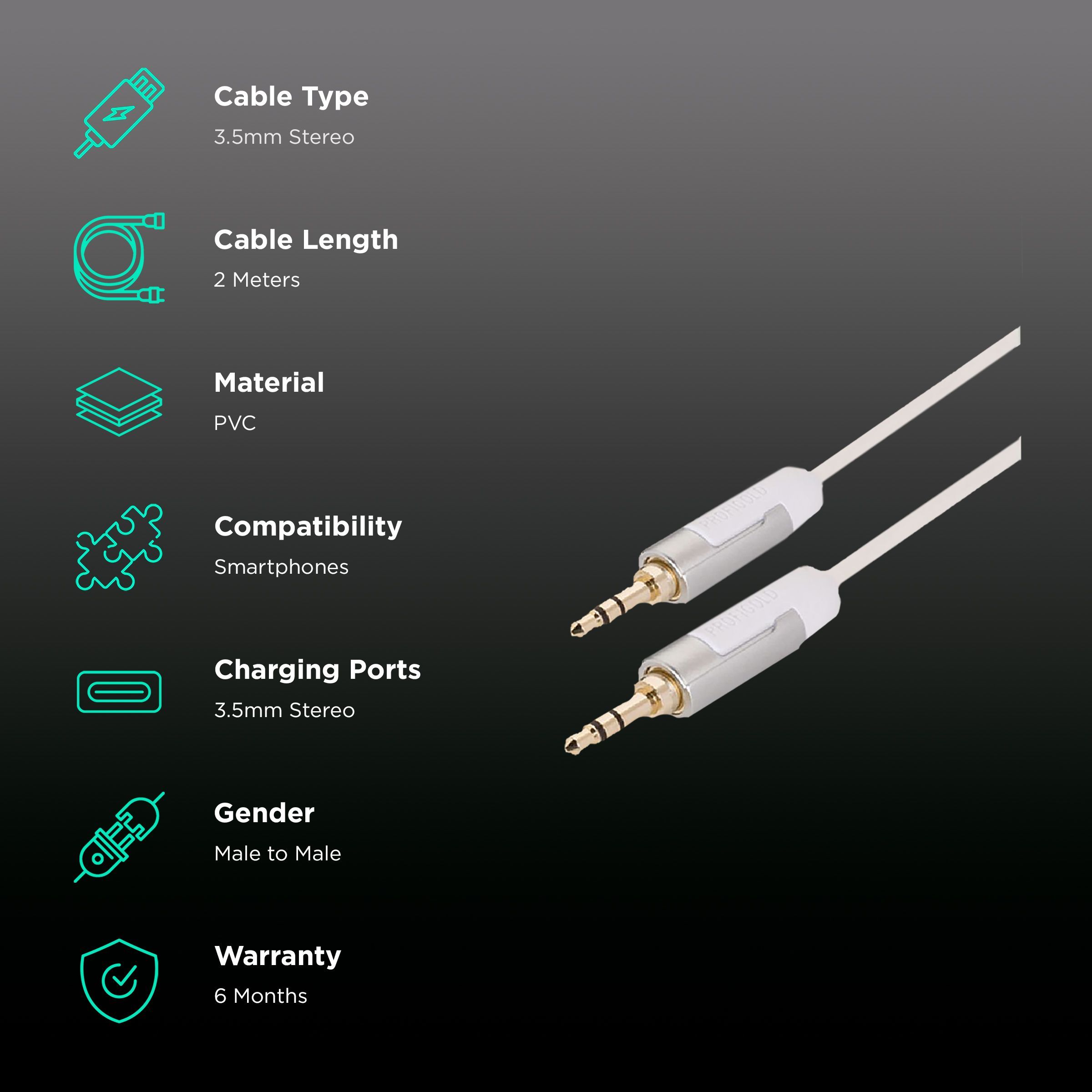 PROFIGOLD 3.5mm Aux to 3.5mm Aux 6.56 Feet (2M) Cable (Oxygen Free Copper, White)_2