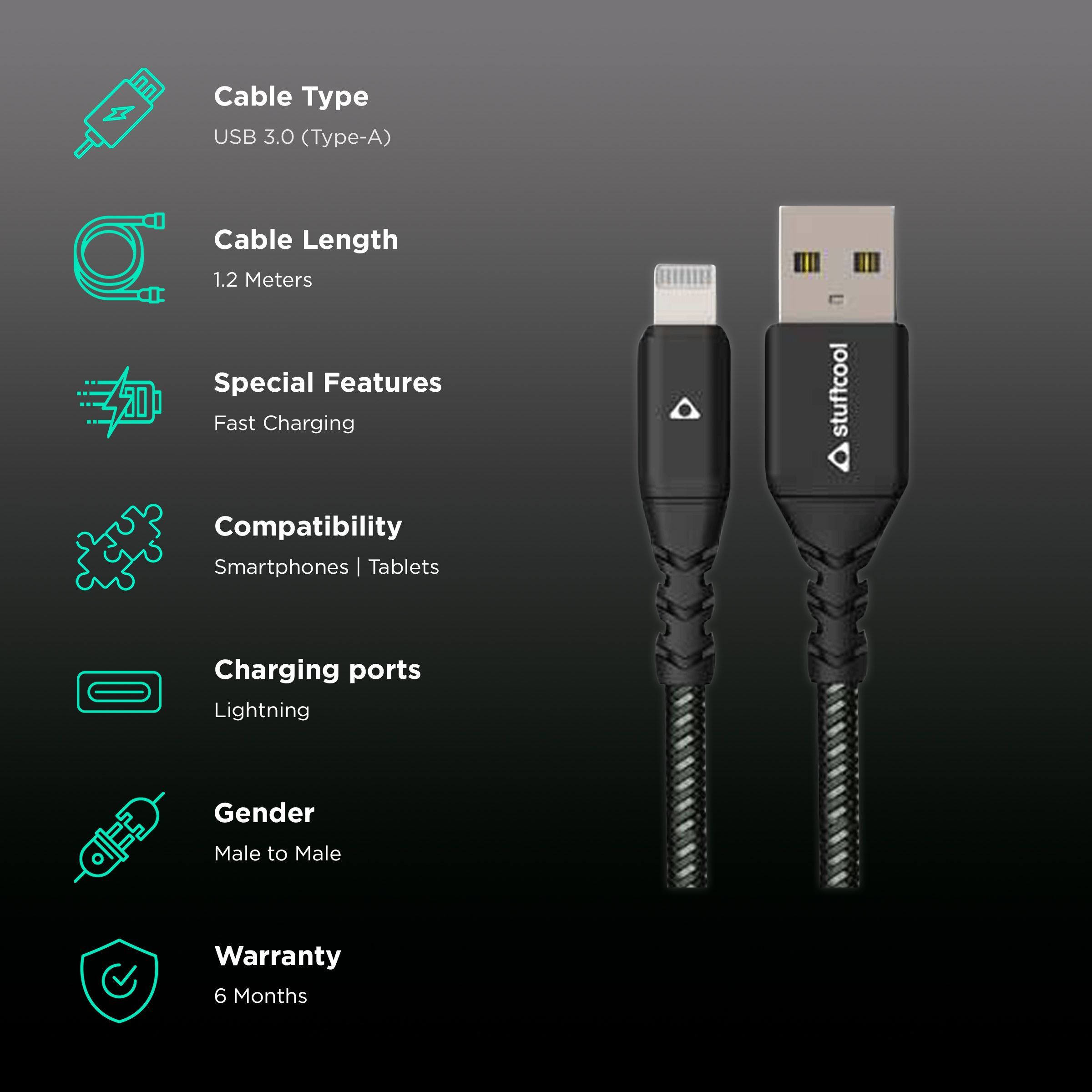 Stuffcool Vite Type A to Lightning 3.9 Feet (1.2M) Cable (MFI Certified, Black) Stuffcool Vite Type A to Lightning 3.9 Feet (1.2M) Cable (MFI Certified, Black)_2