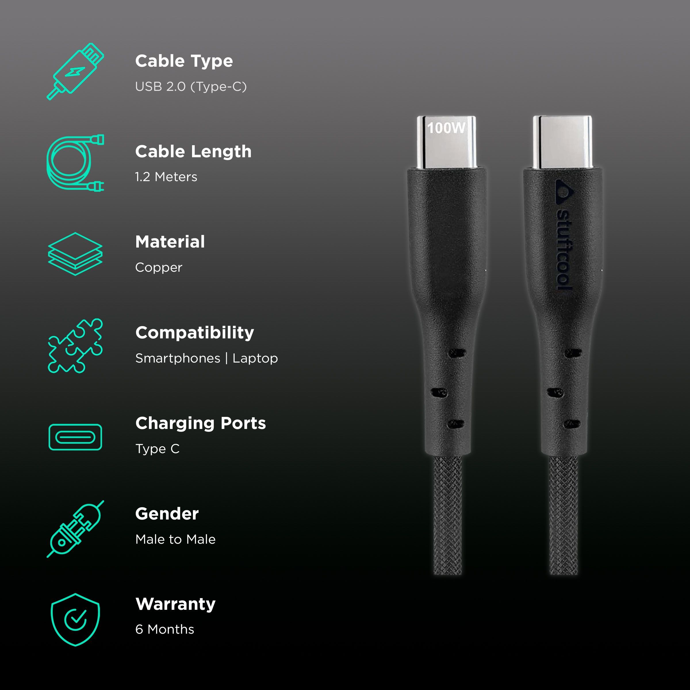 Stuffcool Centum Type C to Type C 3.9 Feet (1.2M) Cable (Tangle-free Design, Black)_2