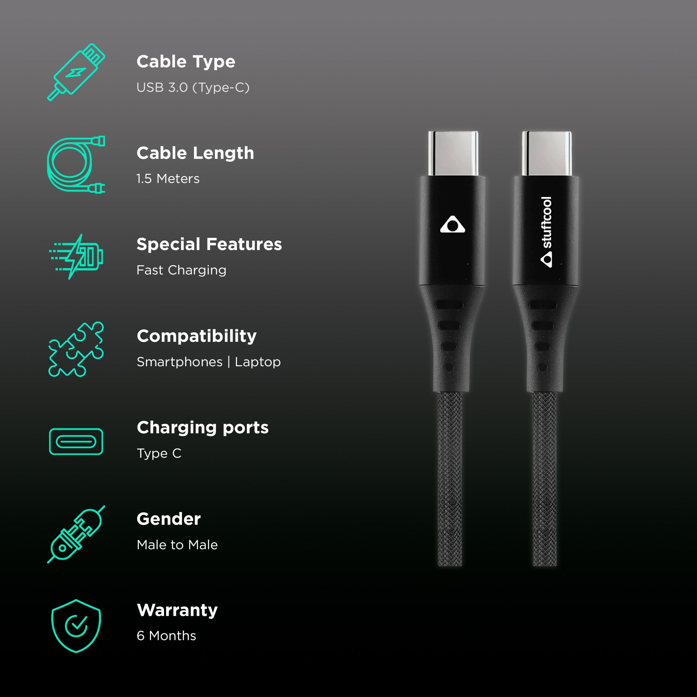 Stuffcool Veloce Type C to Type C 4.9 Feet (1.5M) Cable (Auto Detect IC, Black)_2