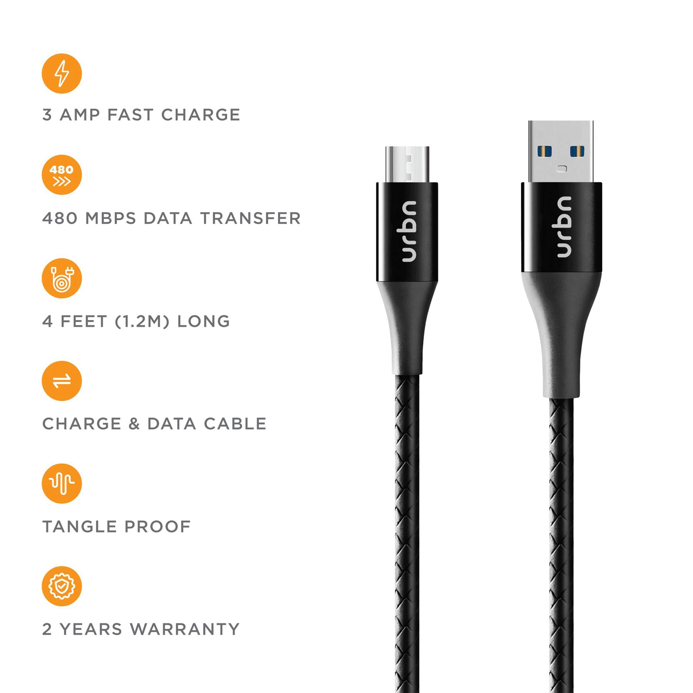 urbn Type A to Micro USB 3.9 Feet (1.2M) Cable (Tangle Free Design, Black)_11