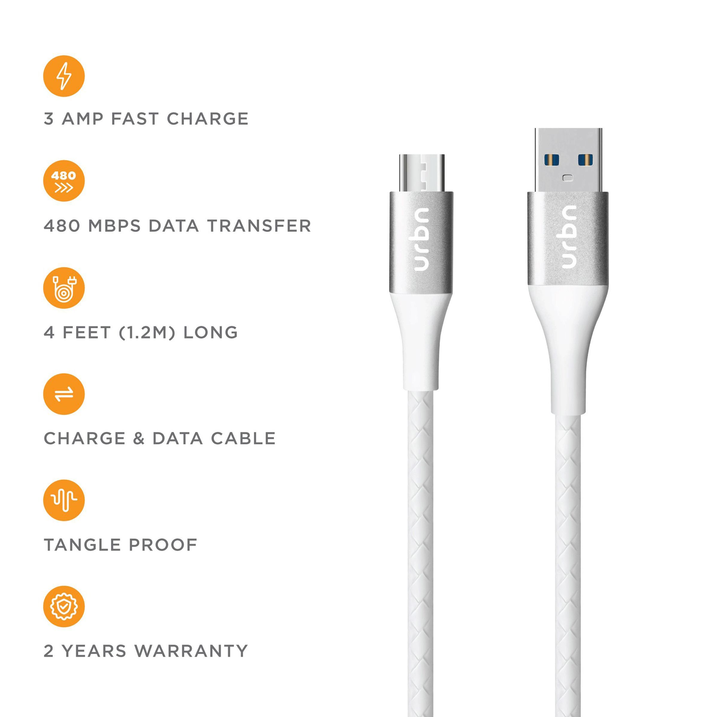 urbn Type A to Micro USB 3.9 Feet (1.2M) Cable (Tangle Free Design, White)_10