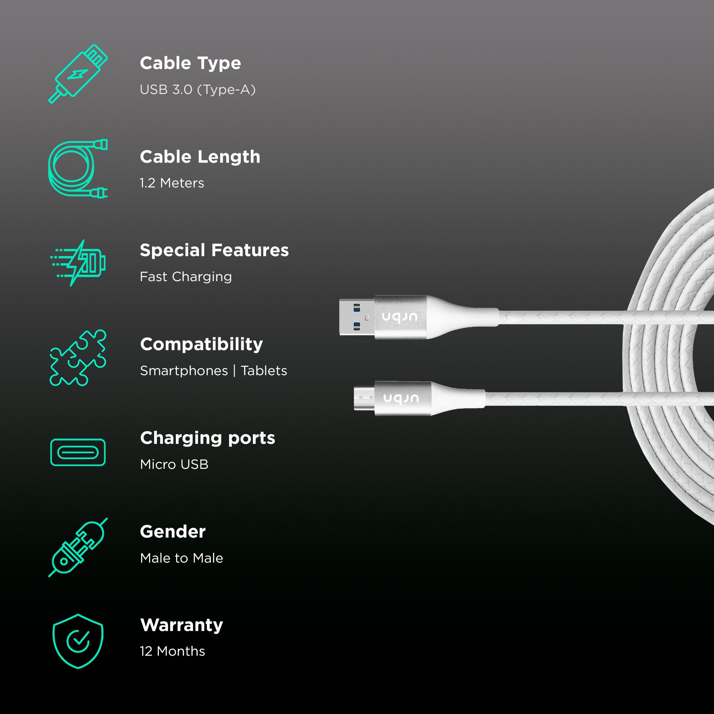 urbn Type A to Micro USB 3.9 Feet (1.2M) Cable (Tangle Free Design, White)_2