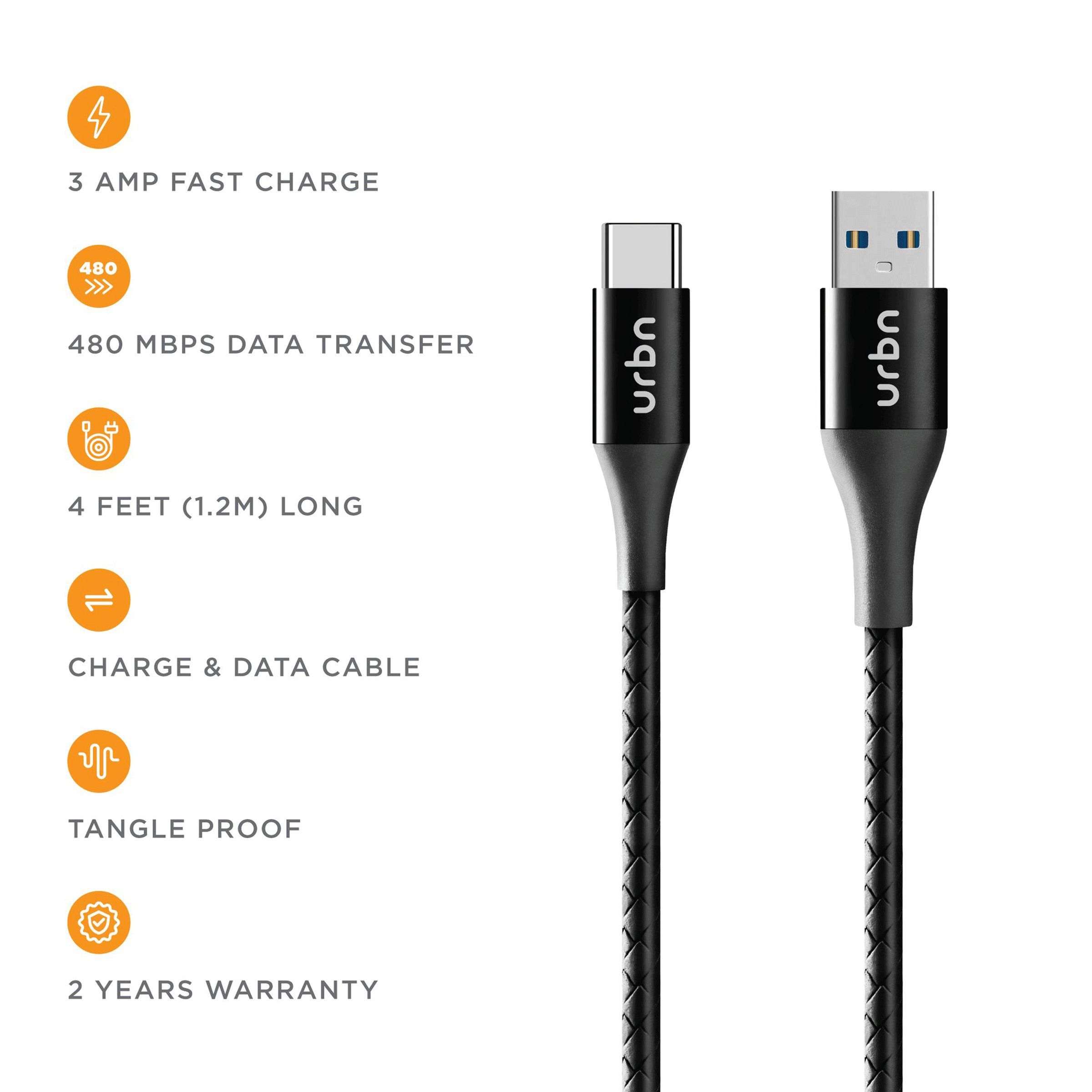 urbn Type A to Type C 3.9 Feet (1.2M) Cable (Tangle Free Design, Black)_11