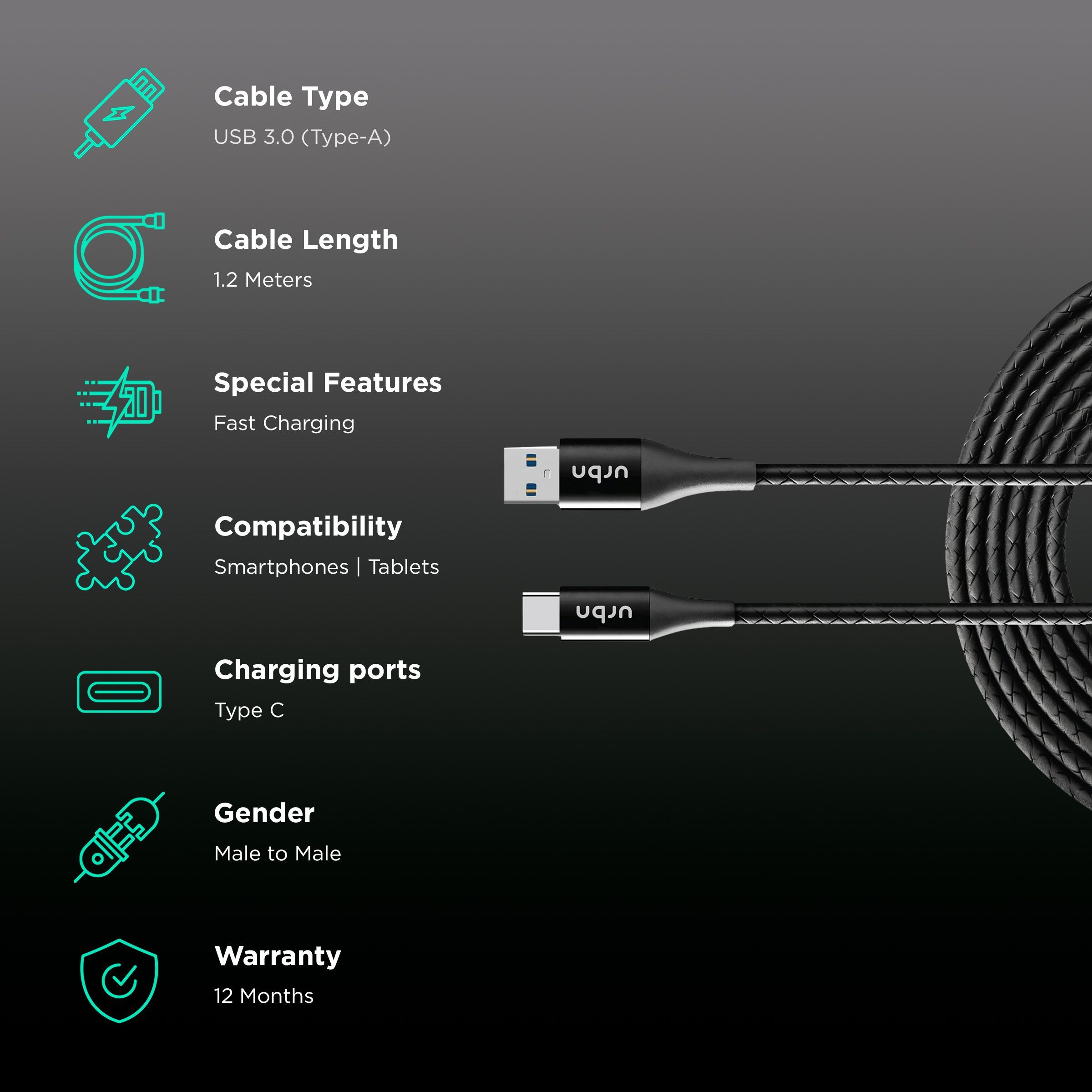 urbn Type A to Type C 3.9 Feet (1.2M) Cable (Tangle Free Design, Black)_2