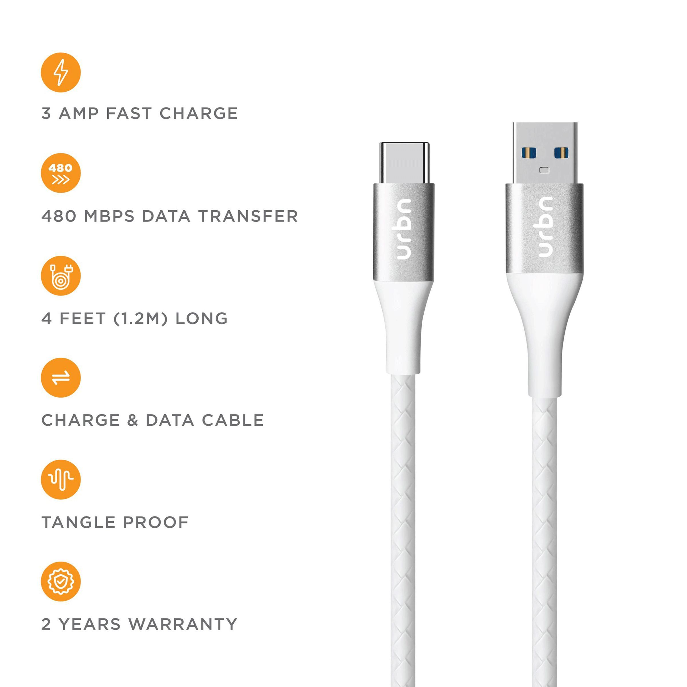 urbn Type A to Type C 3.9 Feet (1.2M) Cable (Tangle Free Design, White)_10