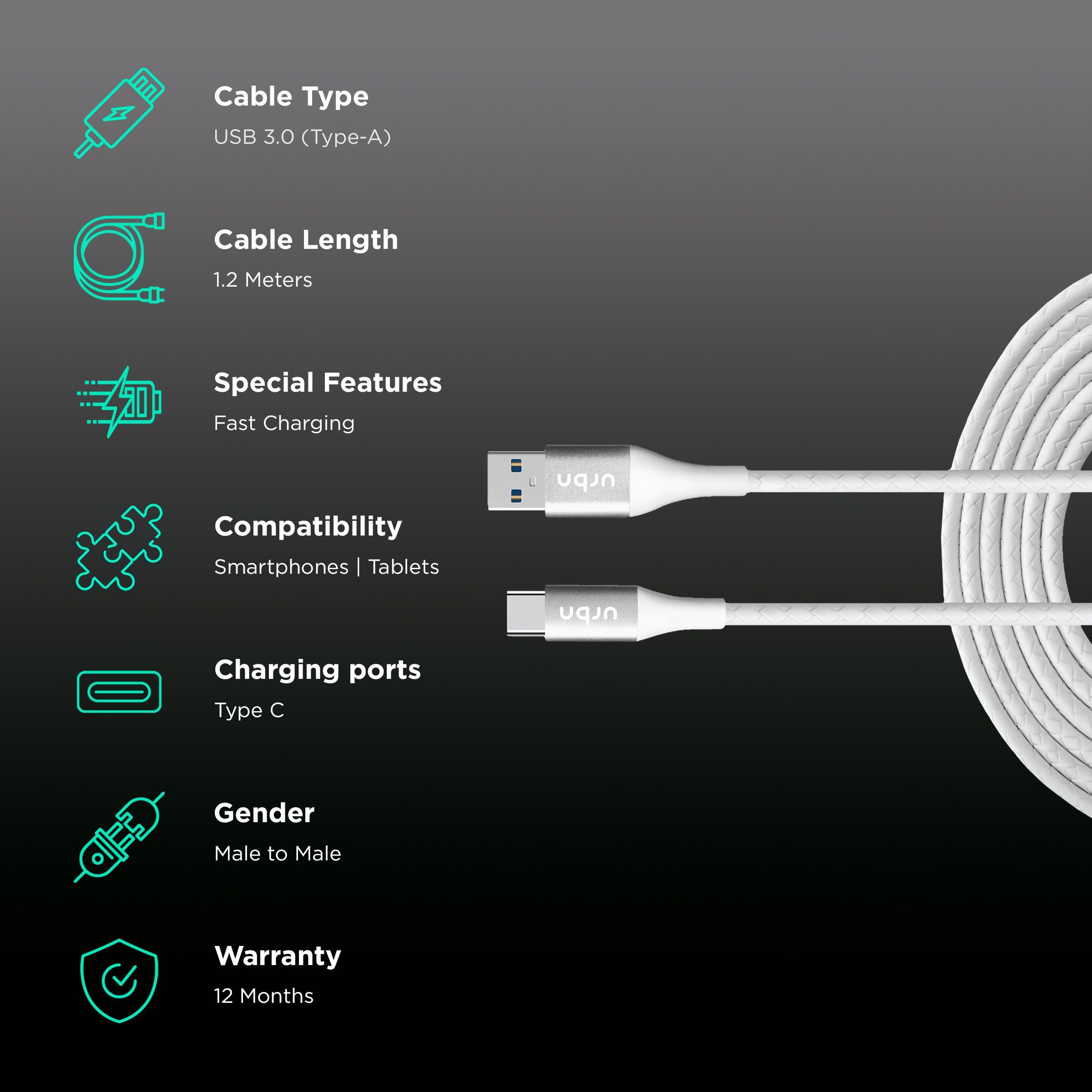 urbn Type A to Type C 3.9 Feet (1.2M) Cable (Tangle Free Design, White)_2