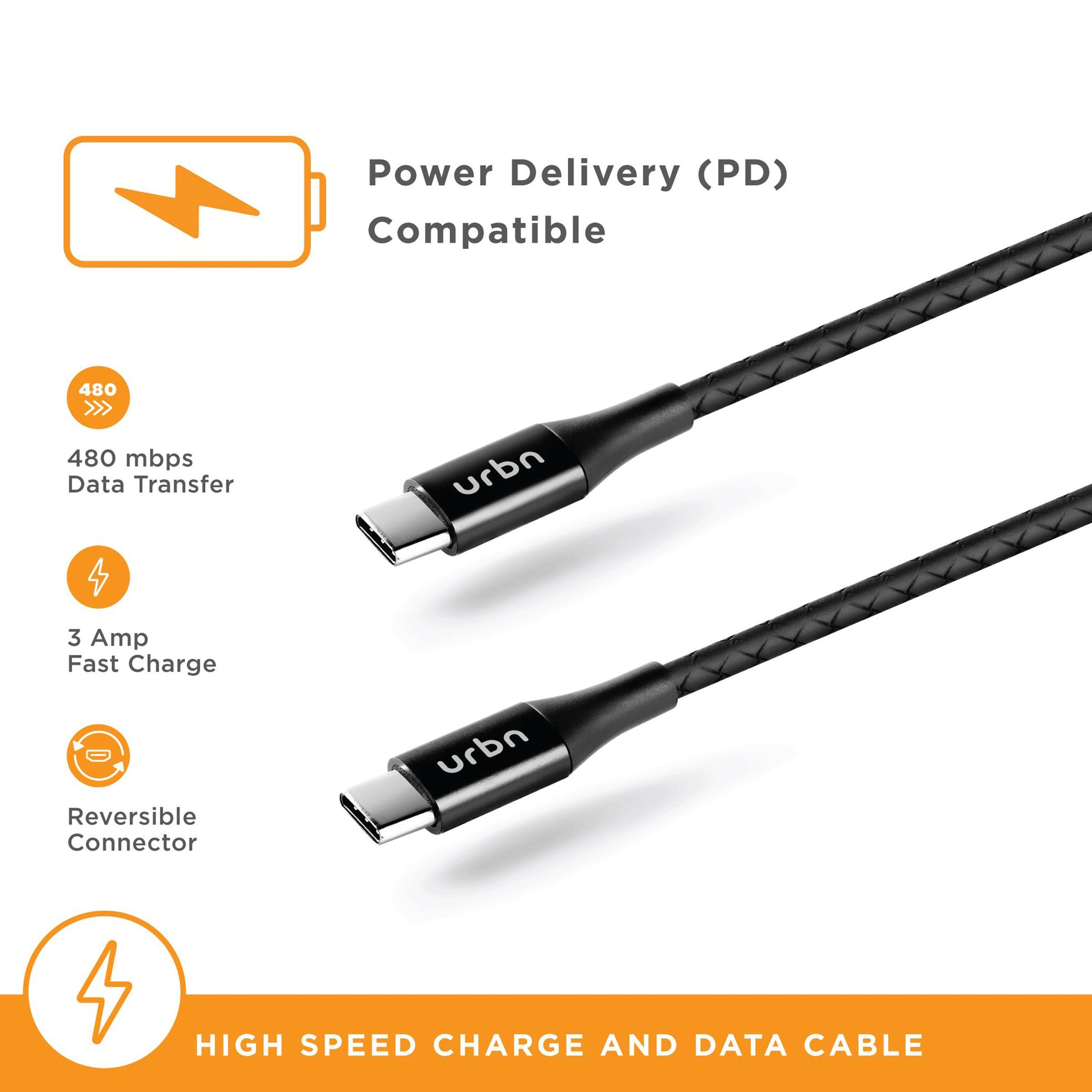 urbn Type C to Type C 3.9 Feet (1.2M) Cable (Tangle Free Design, Black)_9