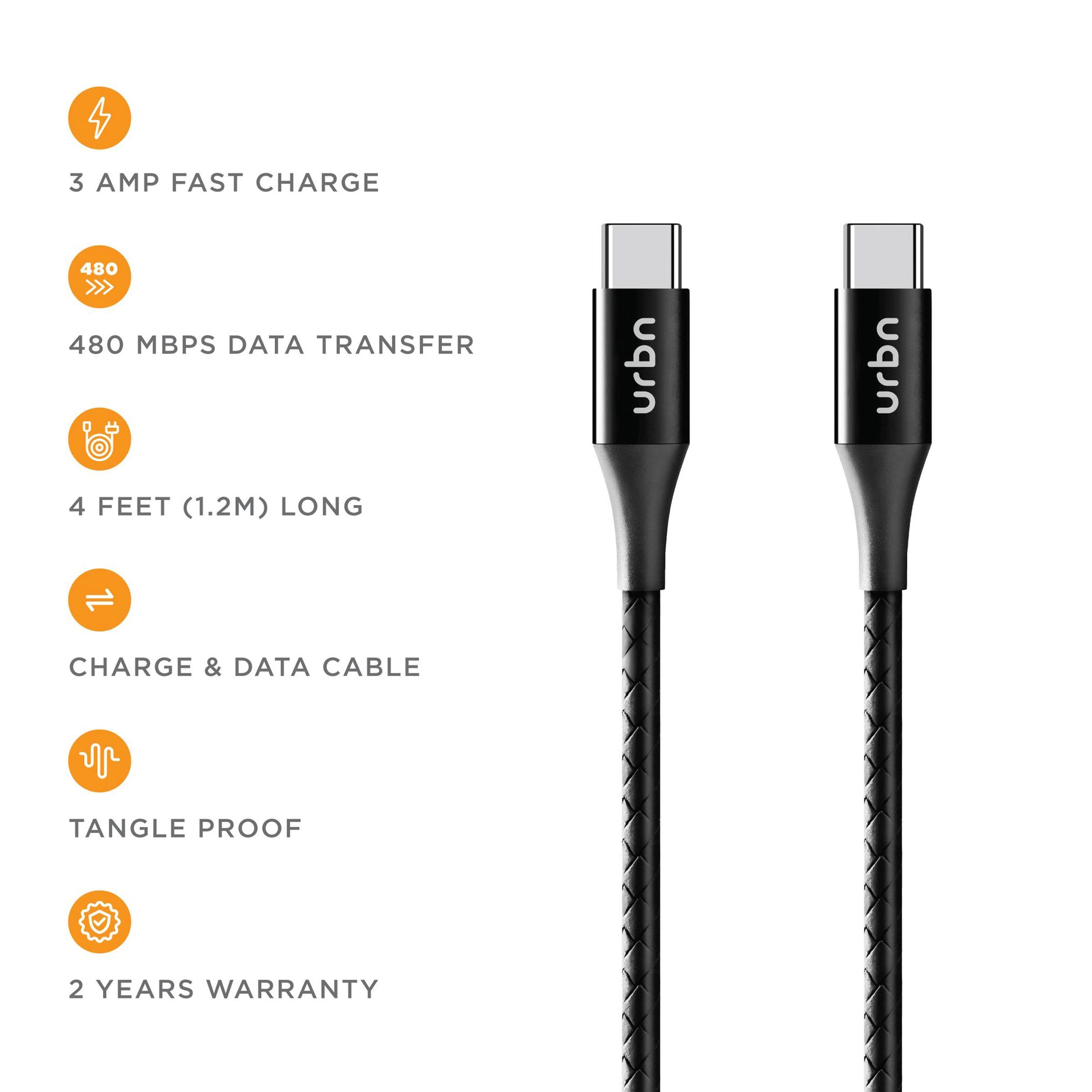 urbn Type C to Type C 3.9 Feet (1.2M) Cable (Tangle Free Design, Black)_10