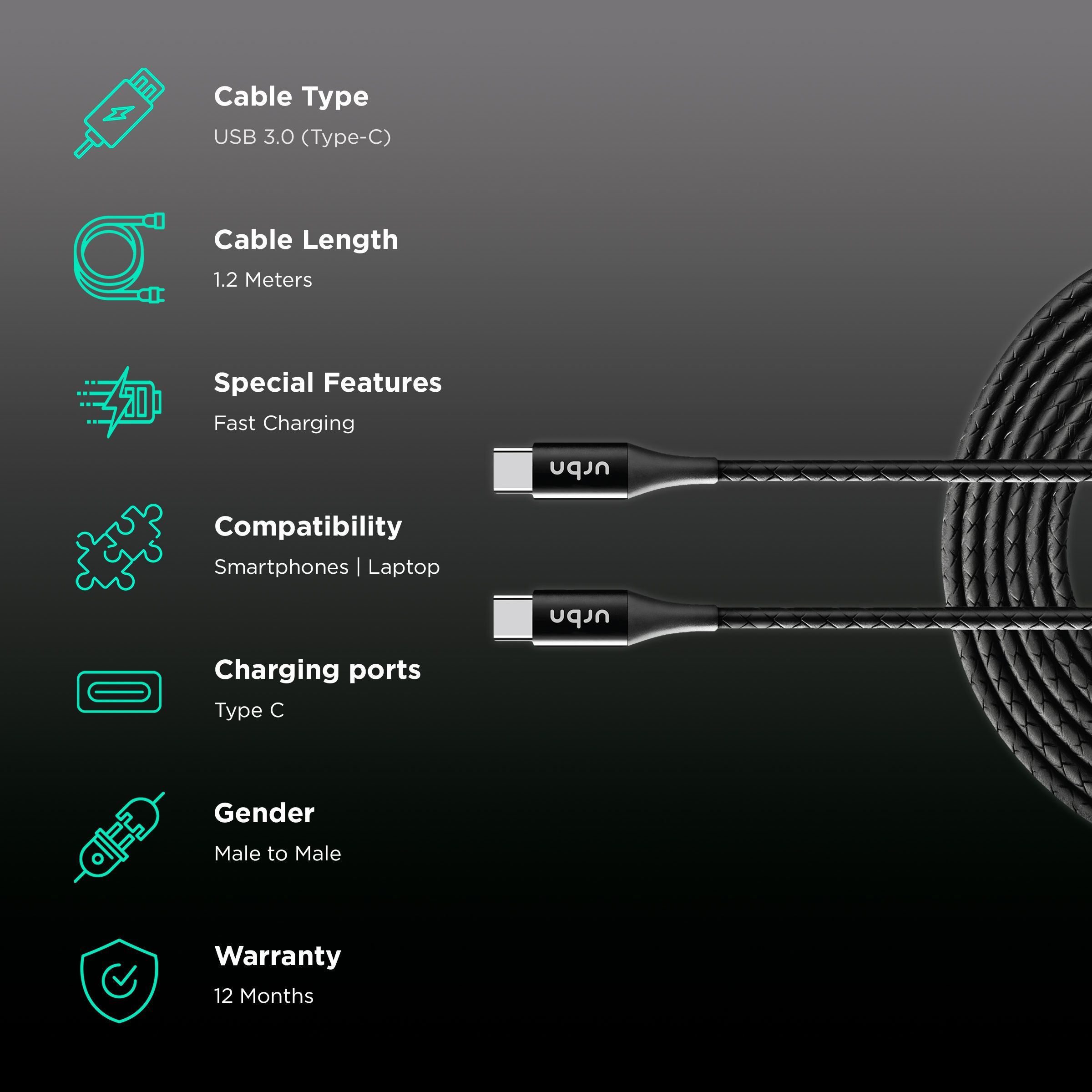 urbn Type C to Type C 3.9 Feet (1.2M) Cable (Tangle Free Design, Black)_2