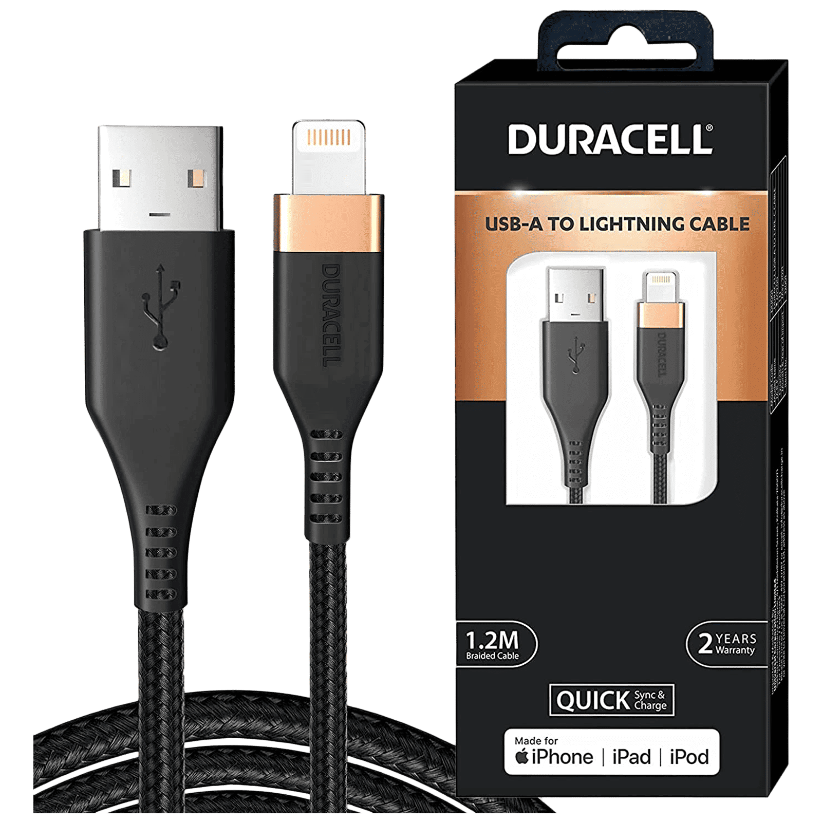 DURACELL Type C to Lightning Connector 3.96 Feet (1.2 M) Cable (Tangle-free Design, Black)_1
