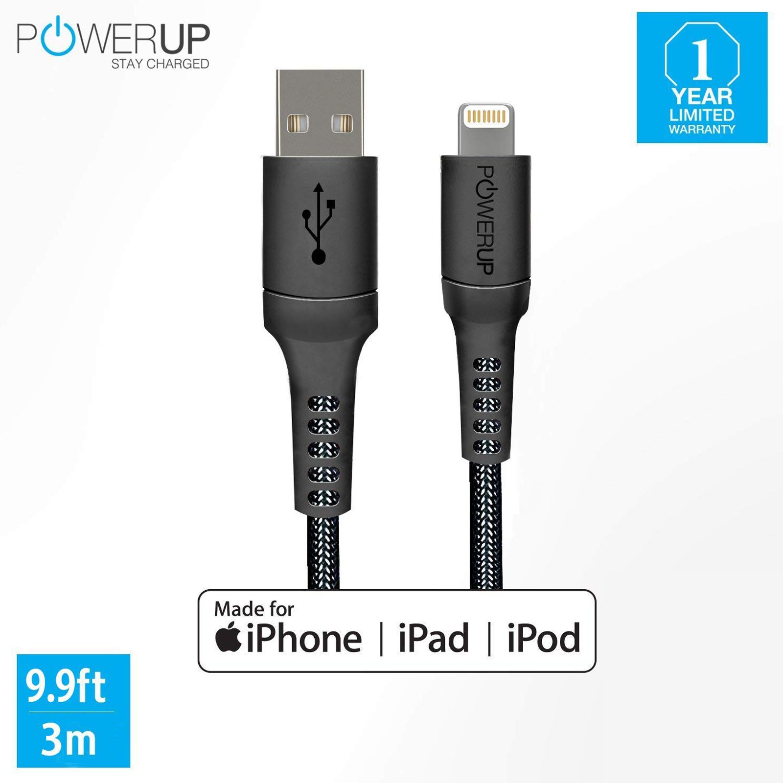 POWERUP Type A to Lightning 9.9 Feet (3M) Cable (Sync and Charge, Black)_6