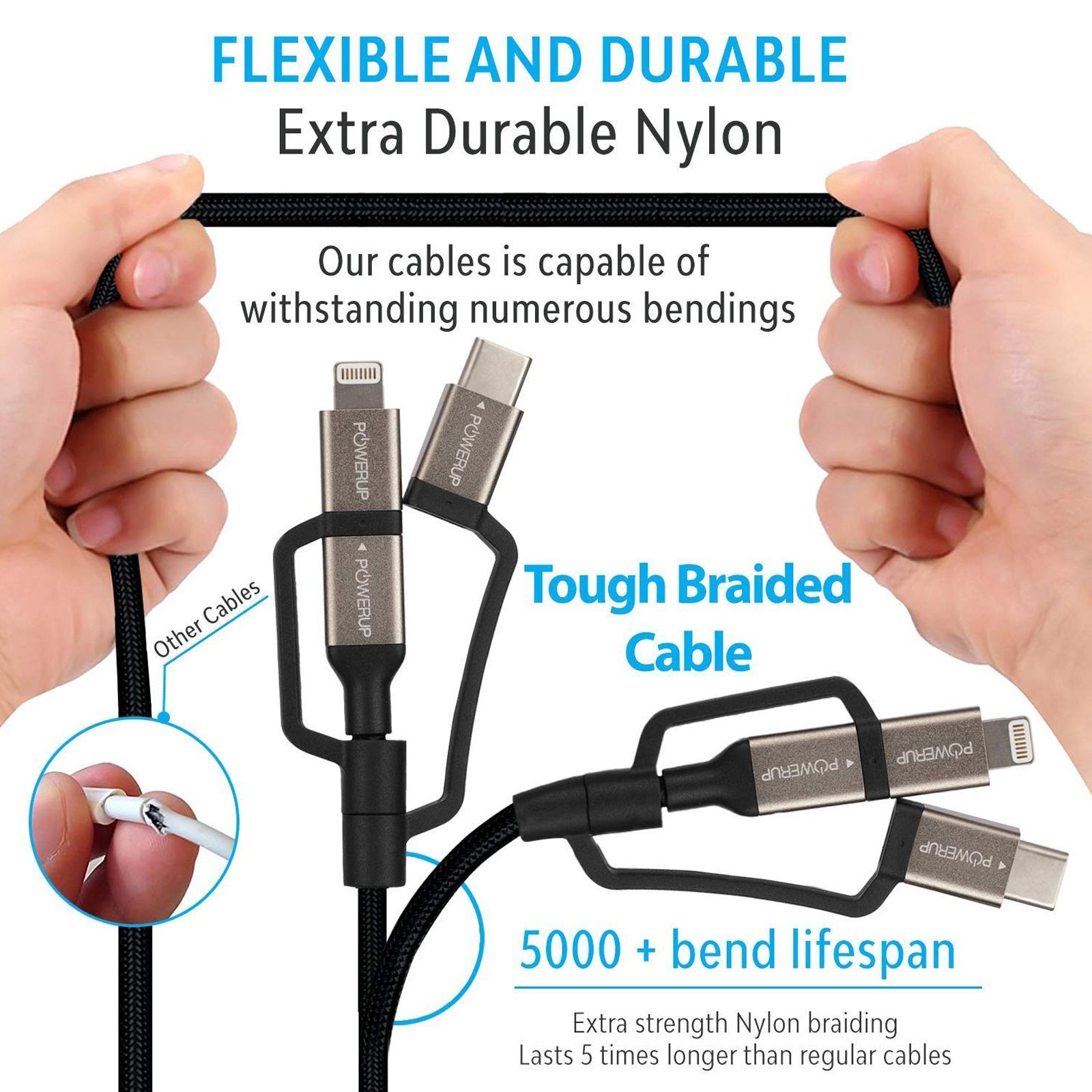 POWERUP Type A to Type C, Micro USB, Lightning 0.39 Feet (0.12M) 3-in-1 Cable (Tangle-free Design, Black)_12