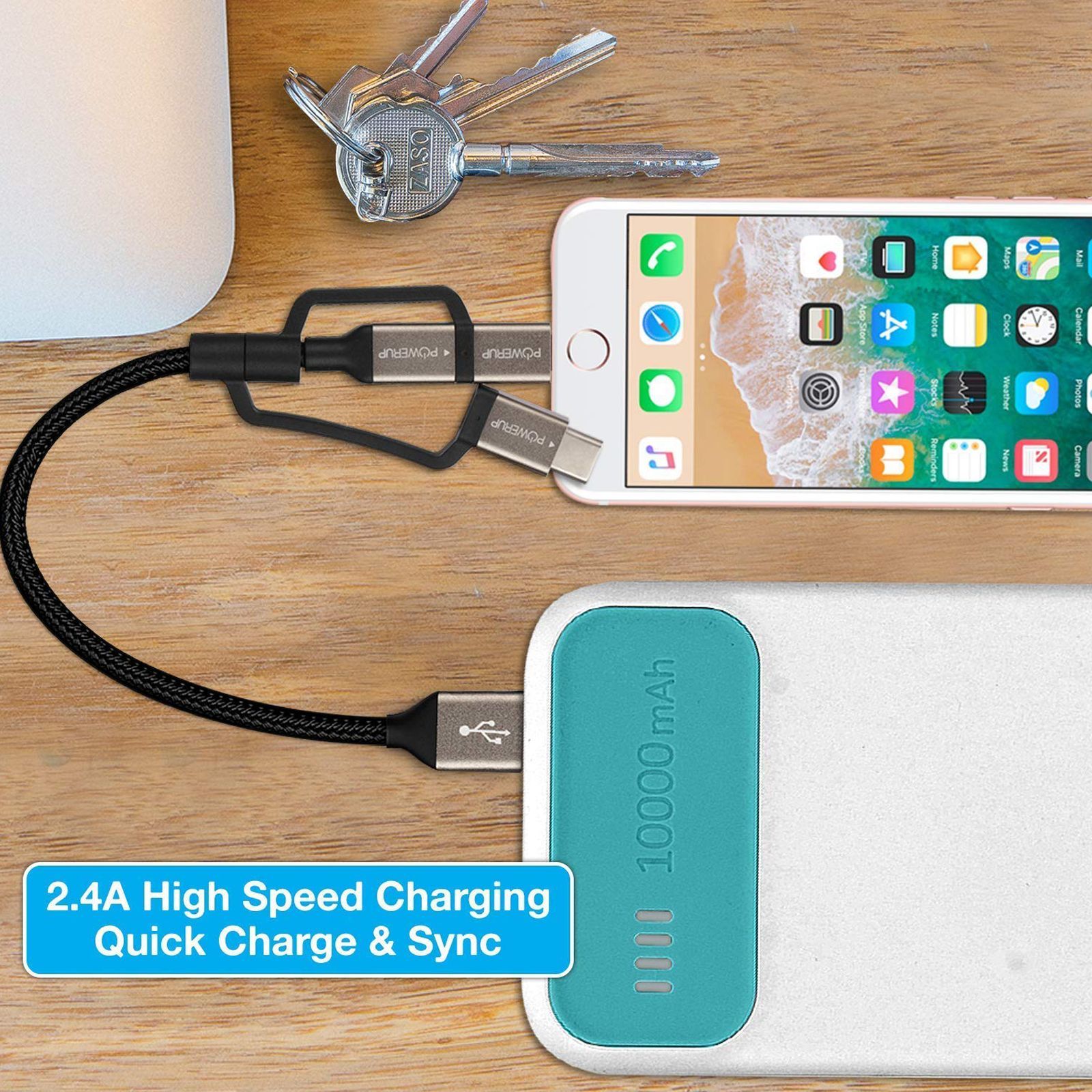 POWERUP Type A to Type C, Micro USB, Lightning 0.39 Feet (0.12M) 3-in-1 Cable (Tangle-free Design, Black)_13