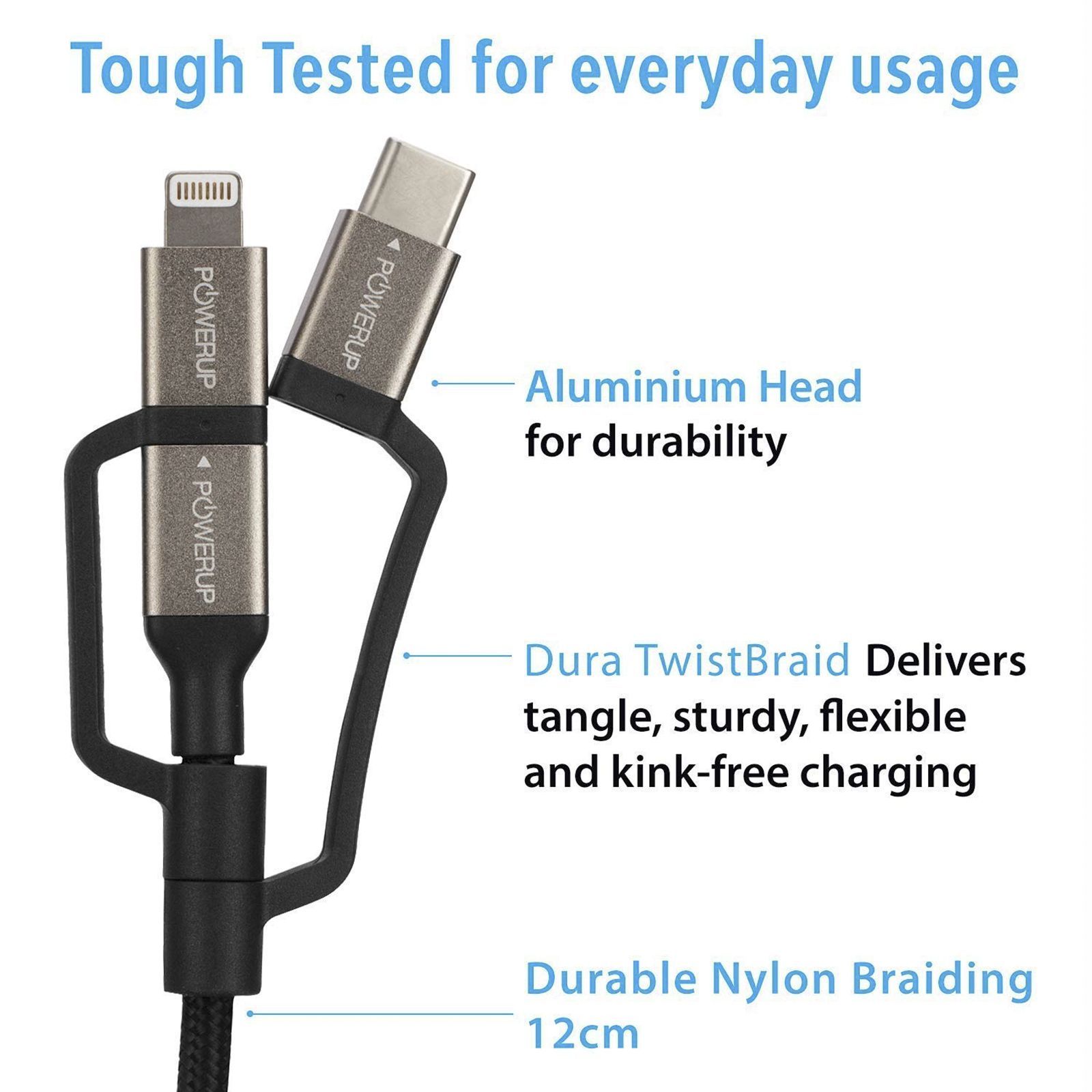 POWERUP Type A to Type C, Micro USB, Lightning 0.39 Feet (0.12M) 3-in-1 Cable (Tangle-free Design, Black)_15