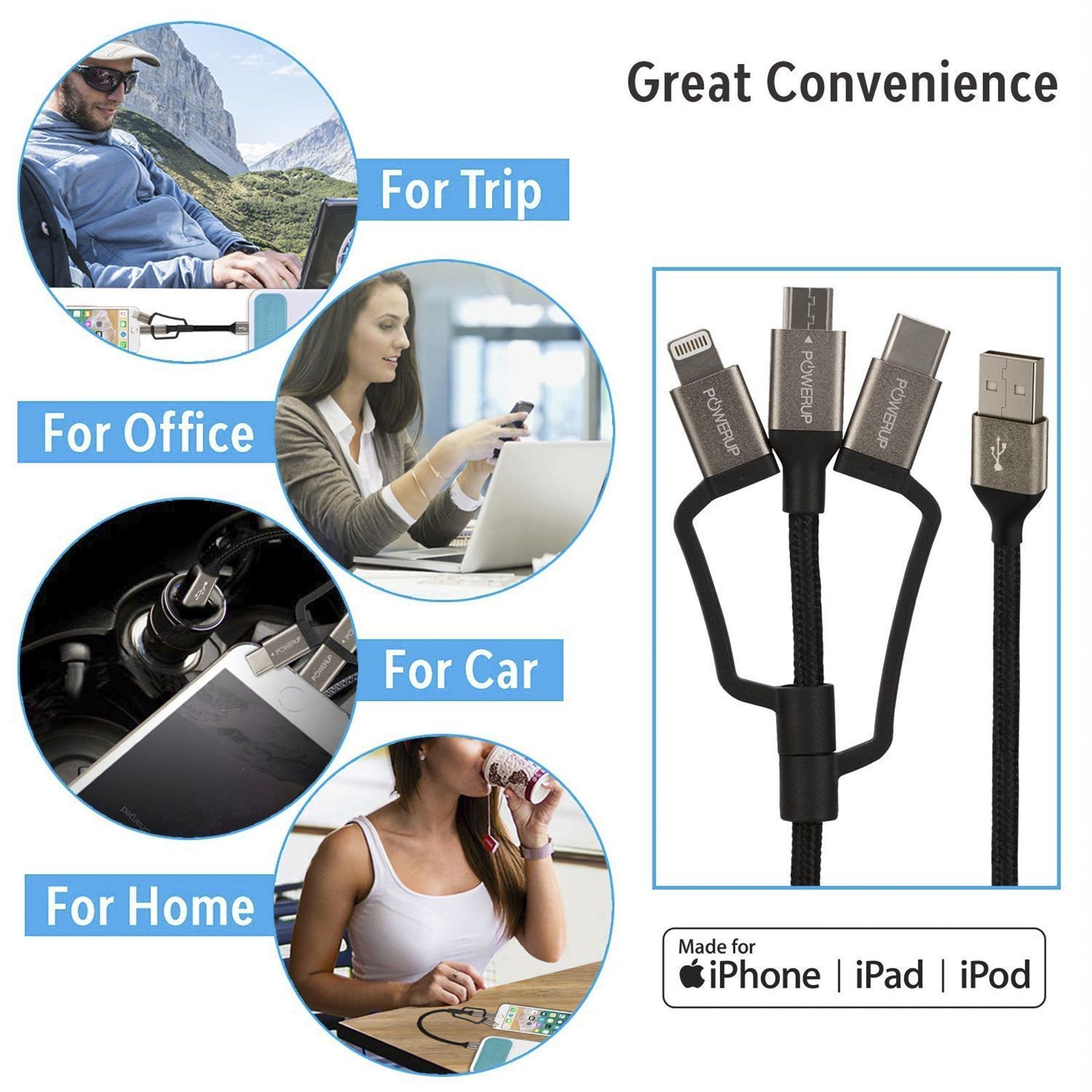 POWERUP Type A to Type C, Micro USB, Lightning 0.39 Feet (0.12M) 3-in-1 Cable (Tangle-free Design, Black)_16