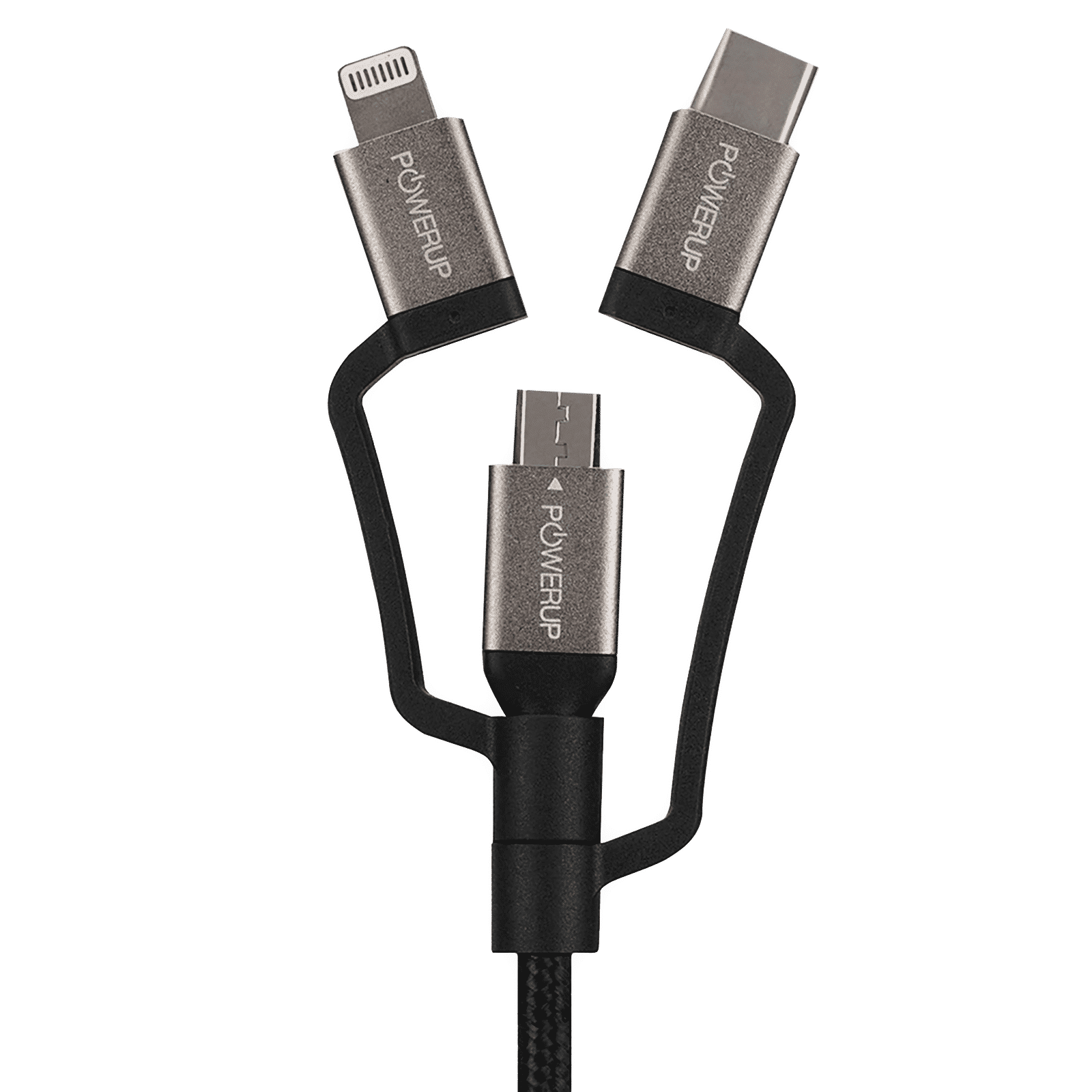 POWERUP Type A to Type C, Micro USB, Lightning 0.39 Feet (0.12M) 3-in-1 Cable (Tangle-free Design, Black)_3