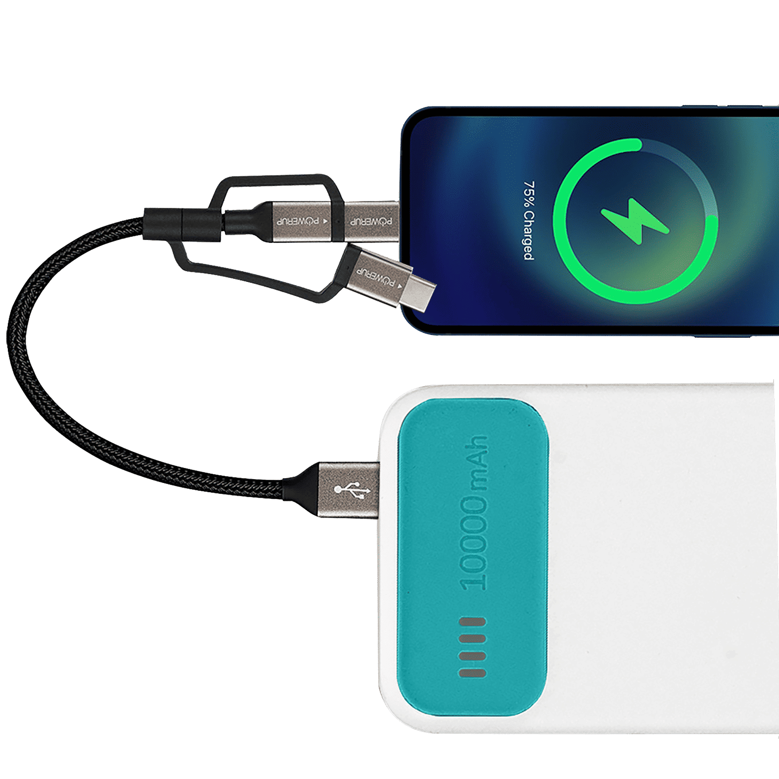 POWERUP Type A to Type C, Micro USB, Lightning 0.39 Feet (0.12M) 3-in-1 Cable (Tangle-free Design, Black)_5