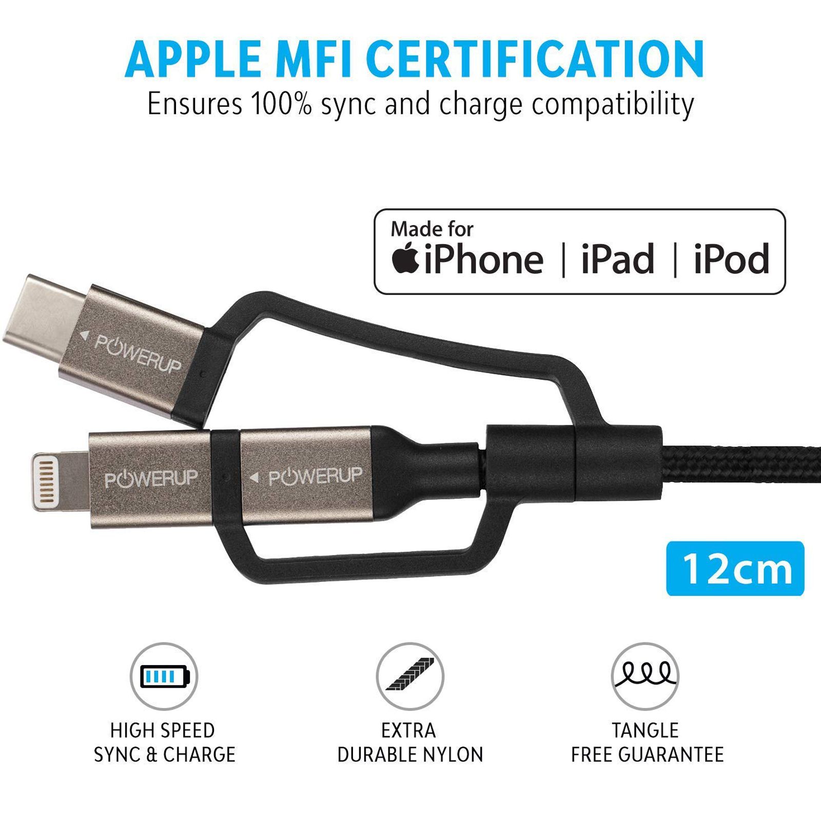 POWERUP Type A to Type C, Micro USB, Lightning 0.39 Feet (0.12M) 3-in-1 Cable (Tangle-free Design, Black)_7
